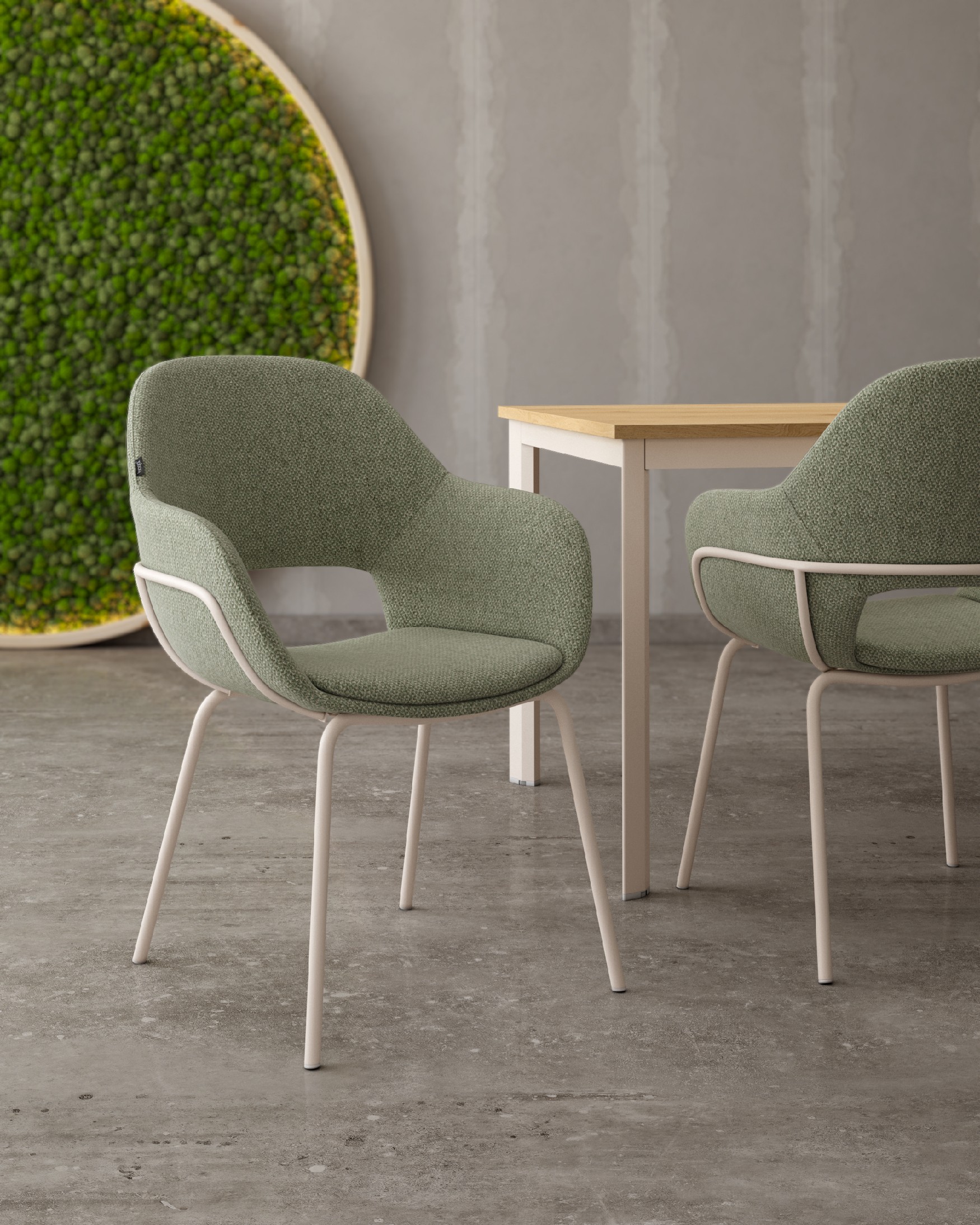 Silla Brisbane con tapizado verde y patas metálicas marfil