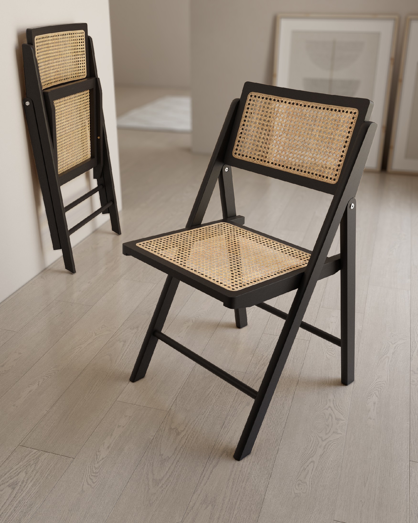 Folding chair Bruna made of rattan and black ash