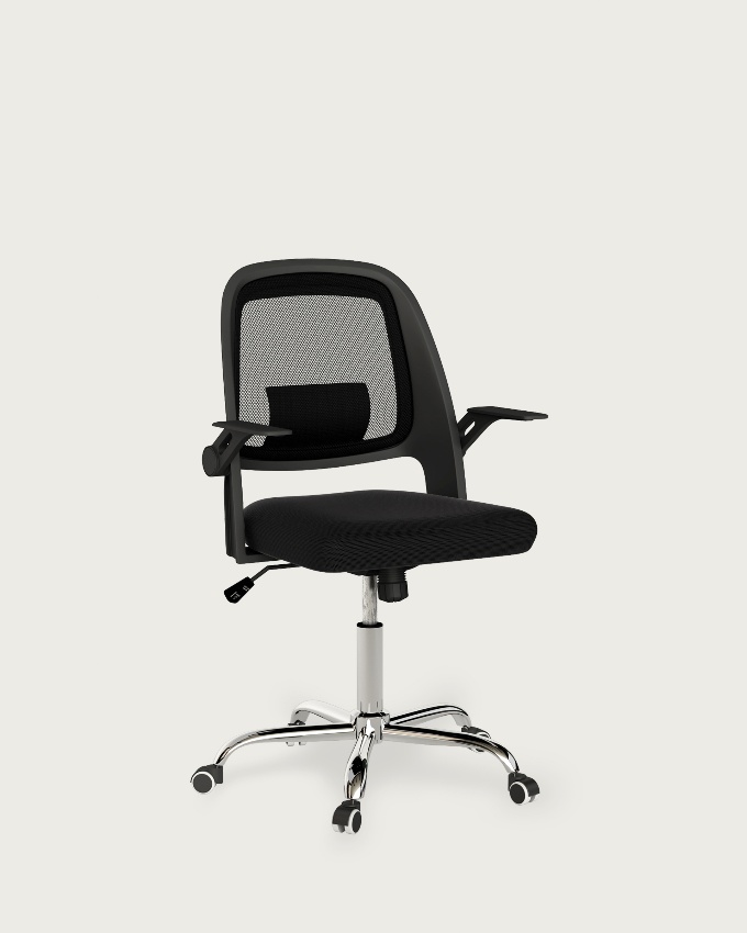 Desk chair Bucharest with black polypropylene frame and chrome leg, foldable armrests