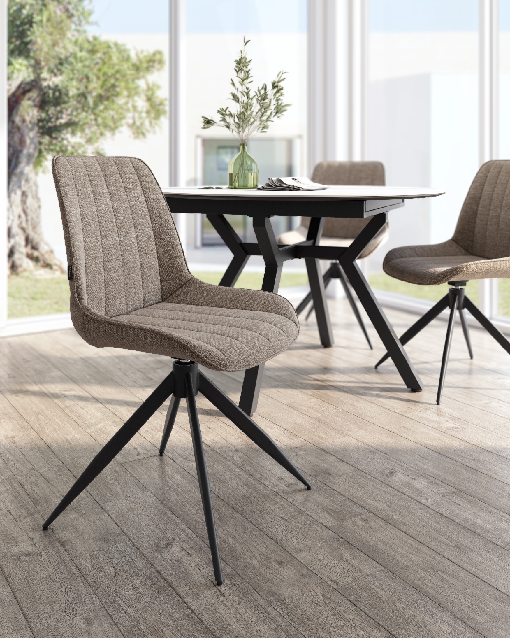 Bursa swivel chair 180º with return function, brown upholstery and black metal legs