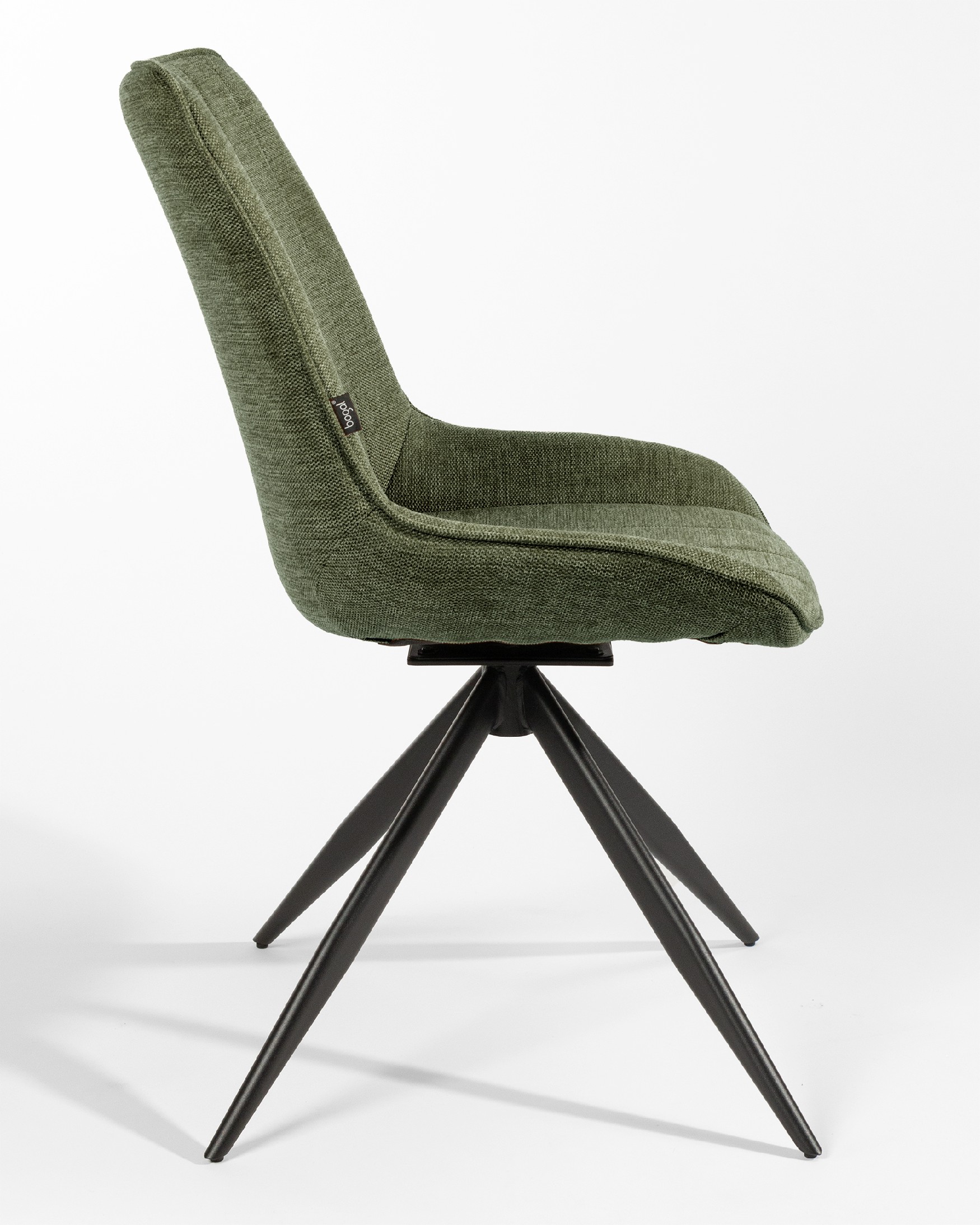 Silla Bursa giratoria 180º con función return, tapizado verde y patas metálicas negras