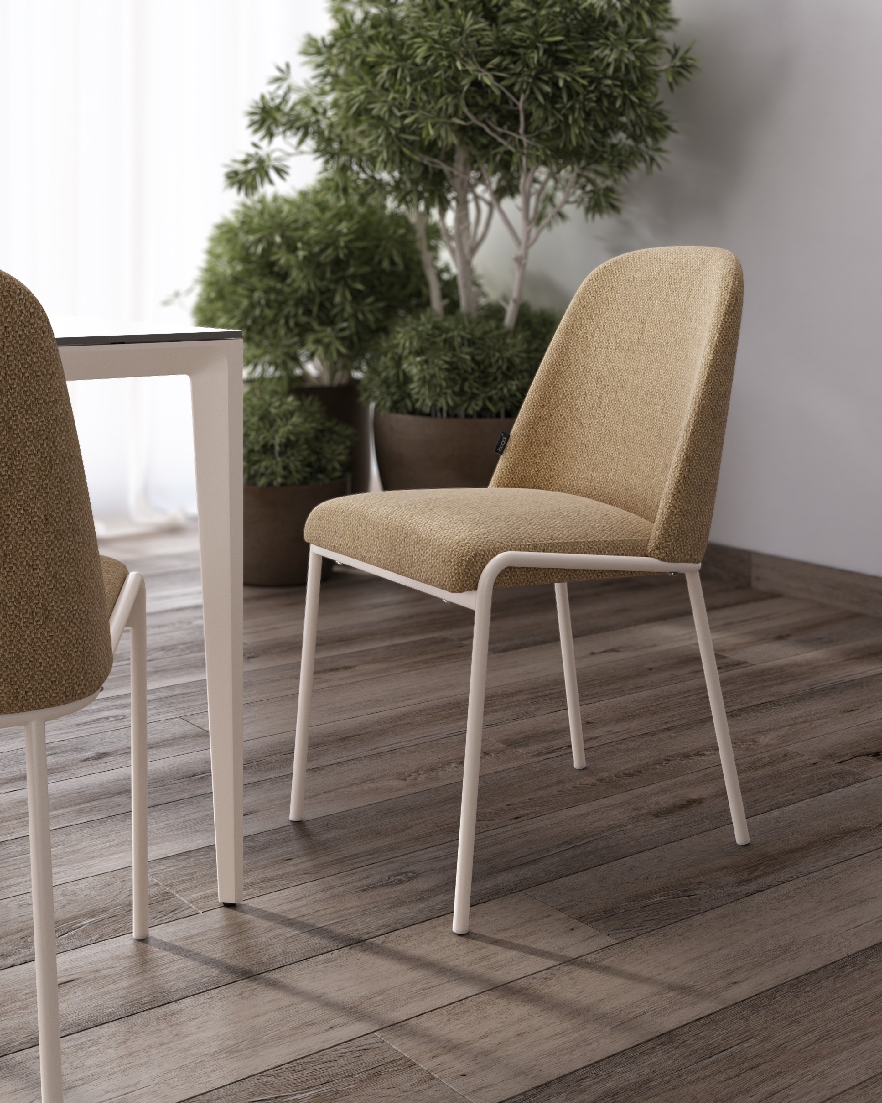 Calgary chair with mustard upholstery and ivory metal legs