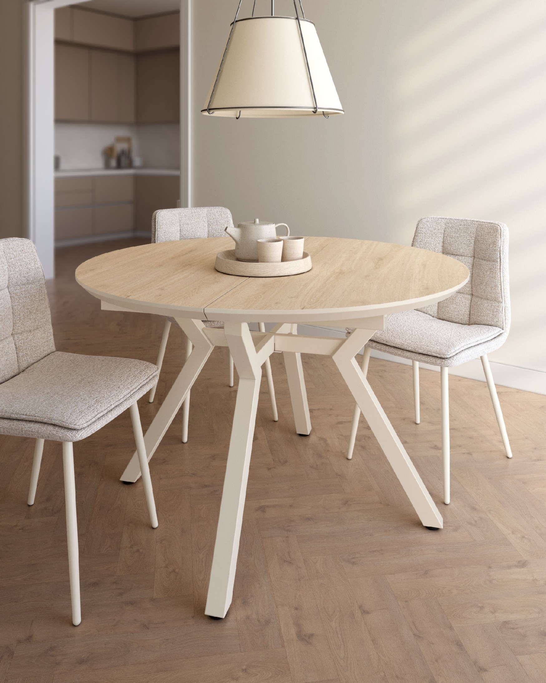 Cantabrian extendable table with natural oak melamine top and ivory metal leg 120(160) x 120 cm