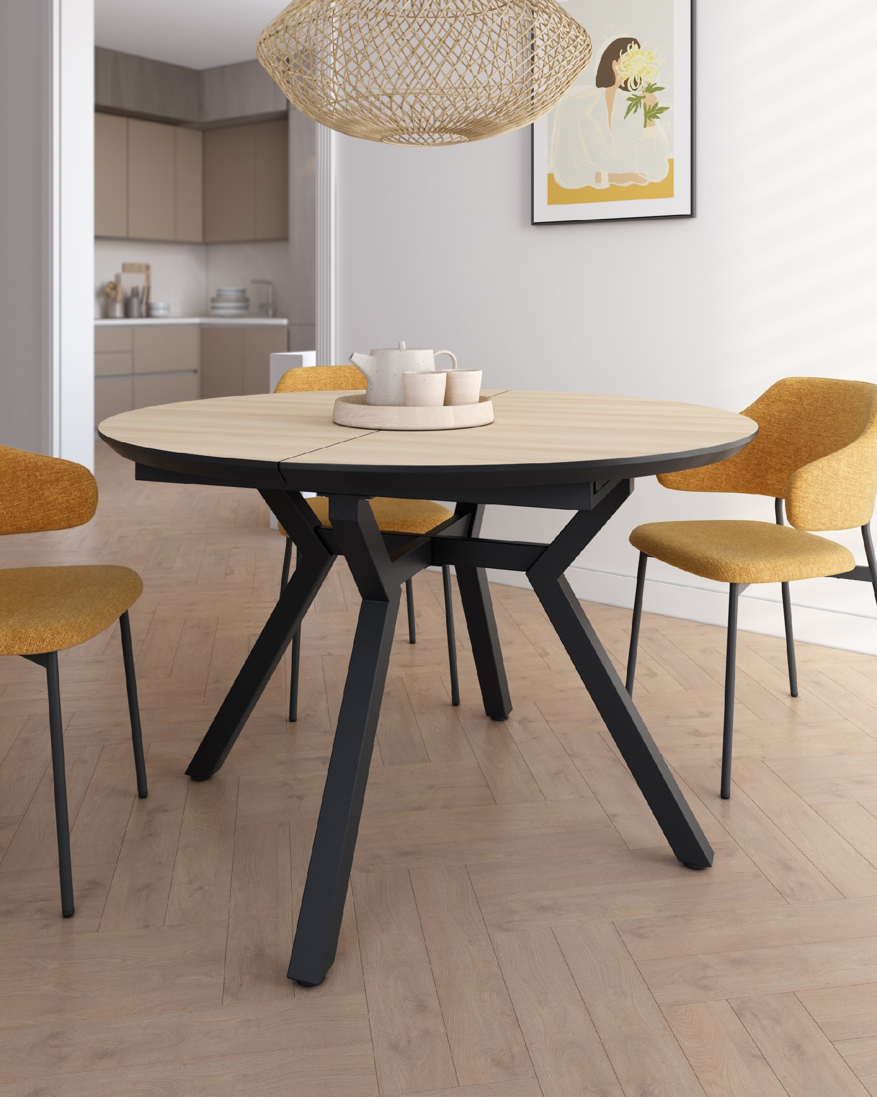 Mesa Cantábrico extensible con sobre de melamina olmo y pata metálica negra 120(160) x 120 cm