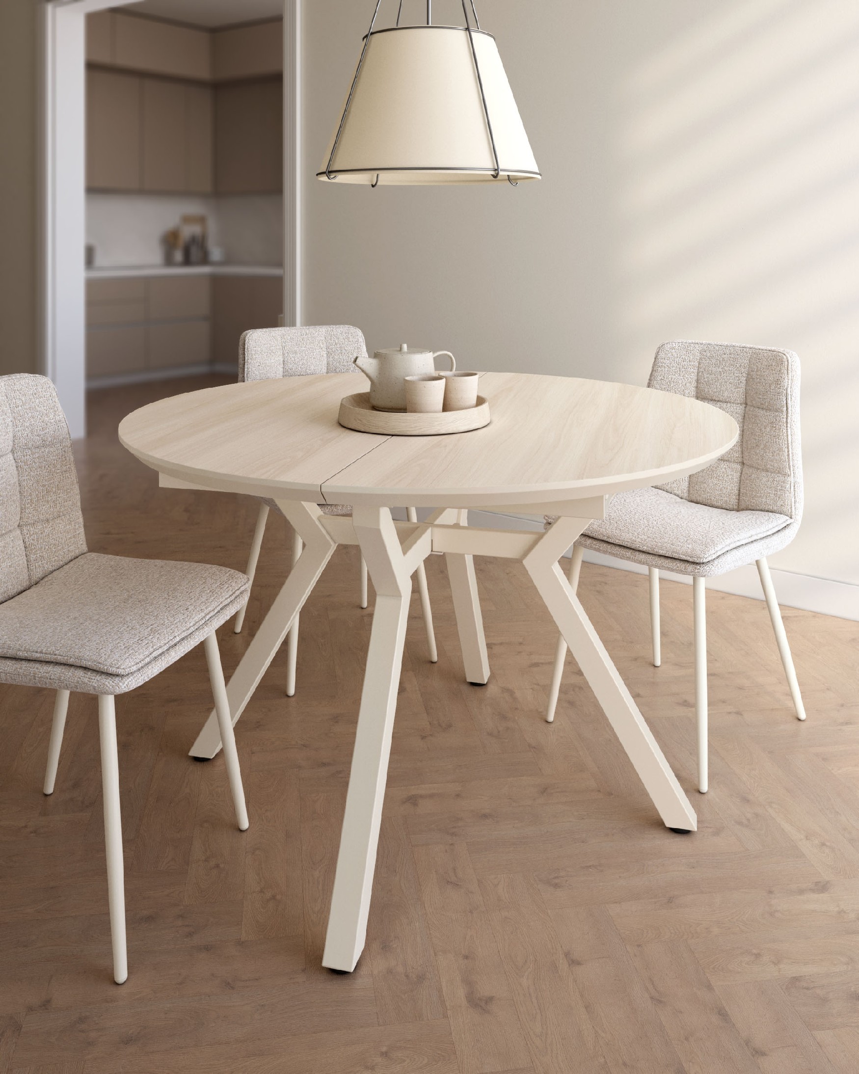 Cantabrian extensible table with melamine elm top and ivory metal legs 100(130) x 100 cm