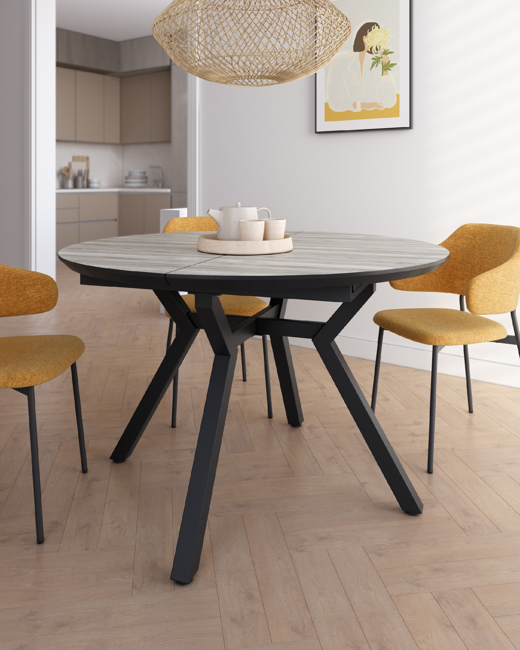 Mesa Cantabrico redonda extensible con acabado MDF madera artic y pata metálica negra  Ø 100(130) x 100 cm
