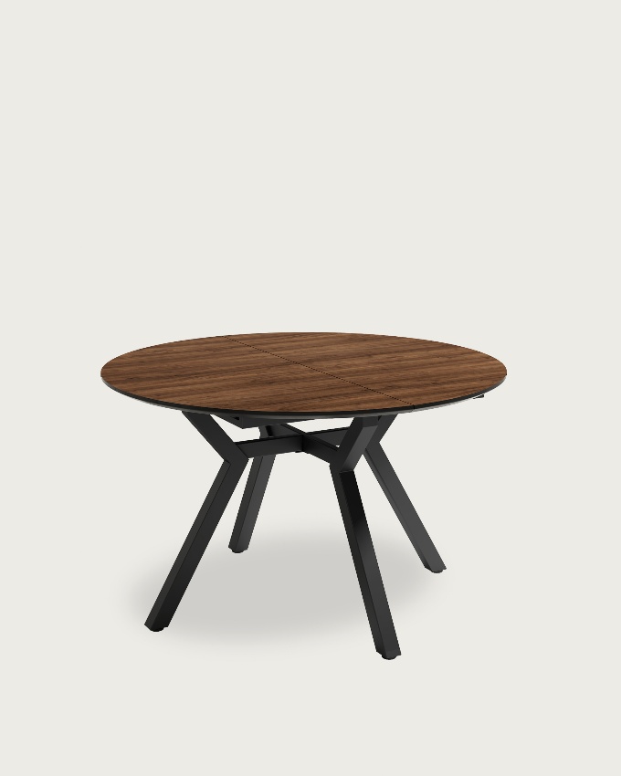 Cantabrian round extendable table with MDF wood finish in java and black metal leg Ø 120(160) x 120 cm
