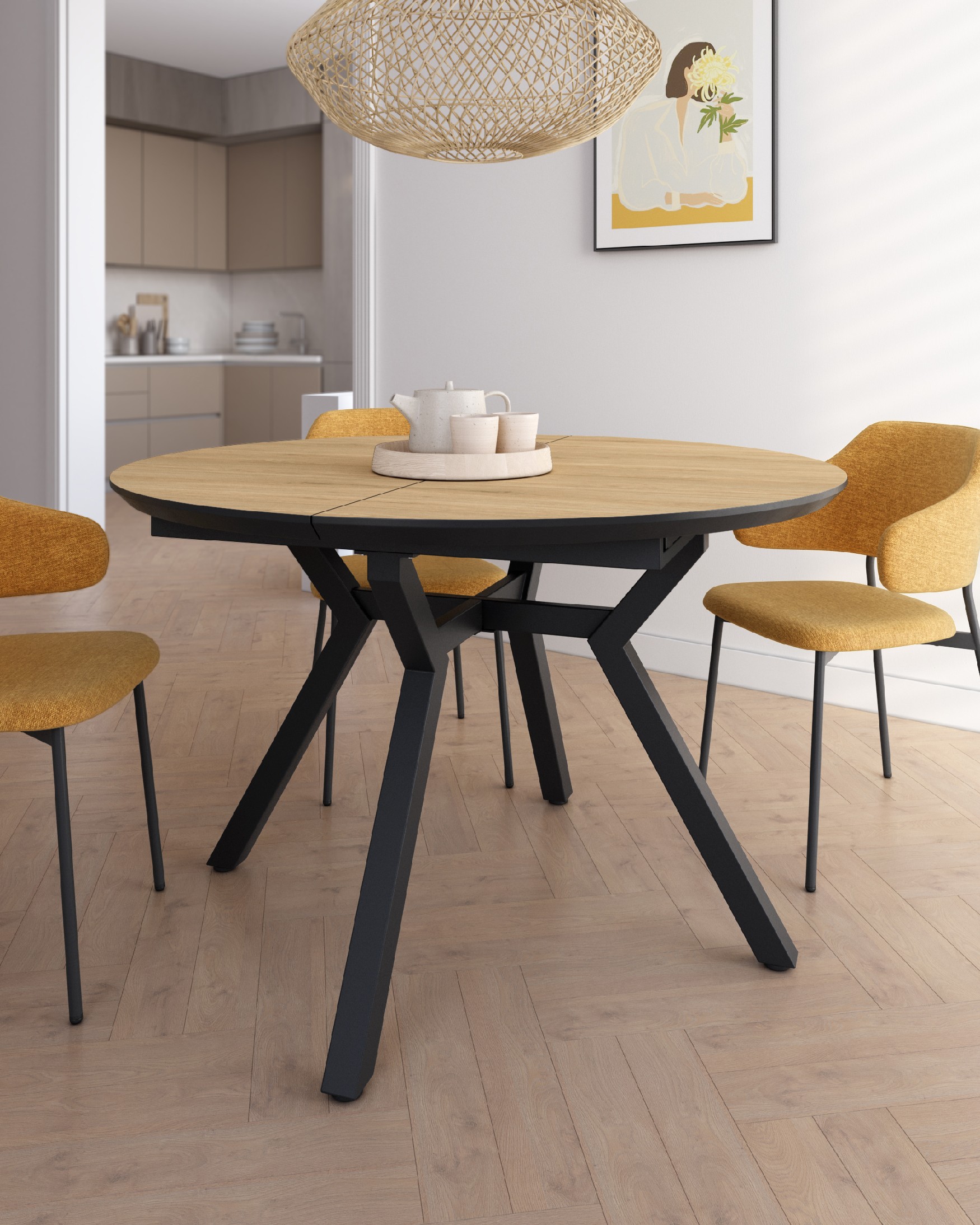 Cantabrian extendable table with natural oak melamine top and black metal leg 100(130) x 100 cm