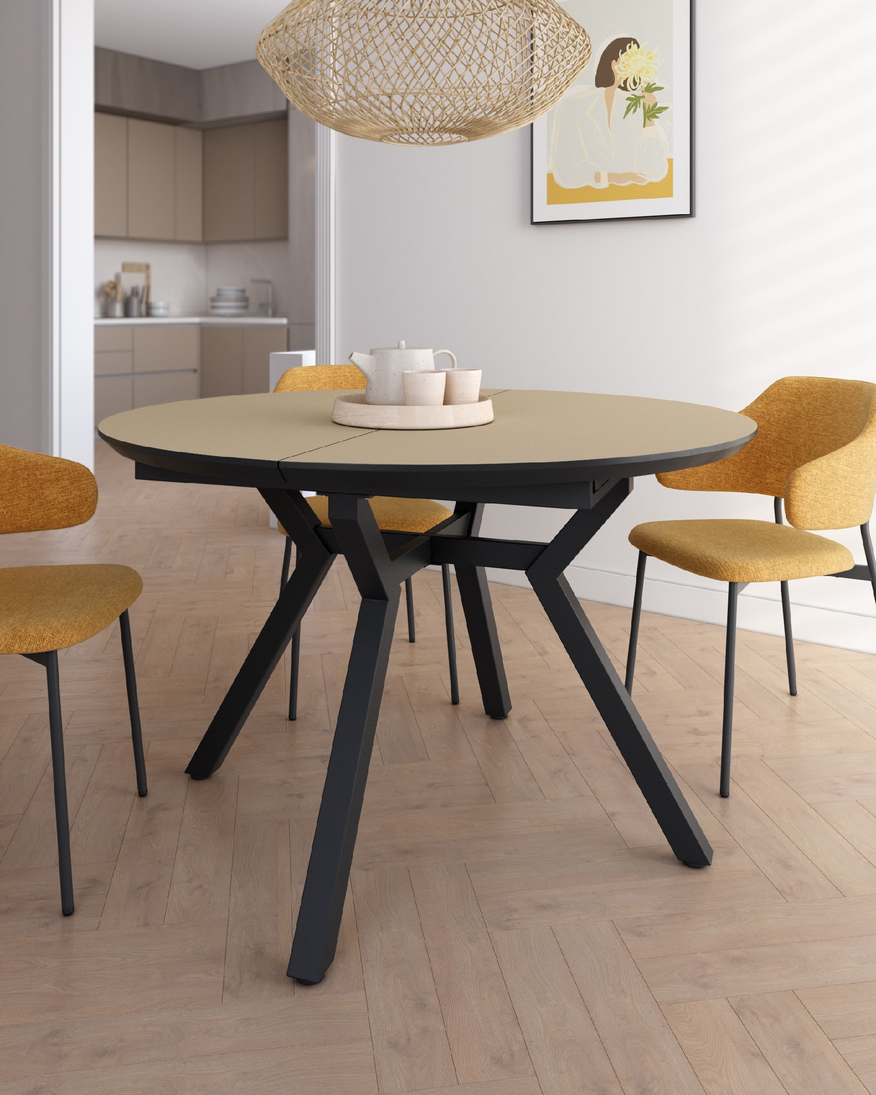 Cantabrian round extendable table with pearl MDF finish and black metal ...