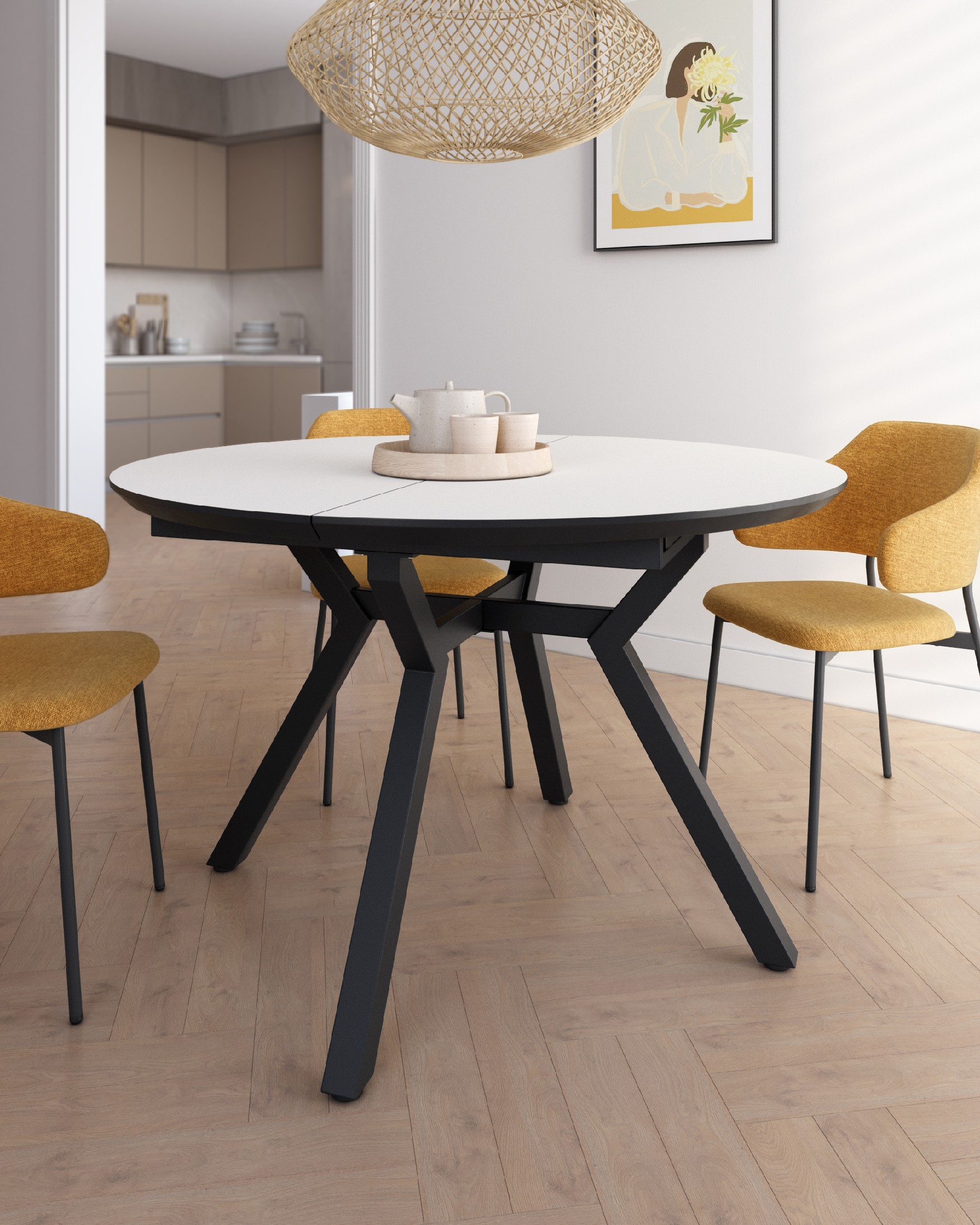 Cantabrian round extendable table with MDF wood soul-white finish and black metal leg Ø 120(160) x 120 cm