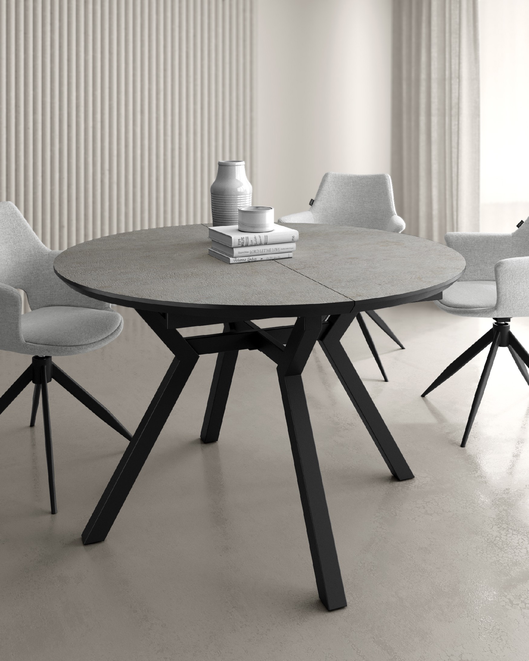 Cantabrian round extendable table with MDF porland finish and black metal leg Ø 100(130) x 100 cm