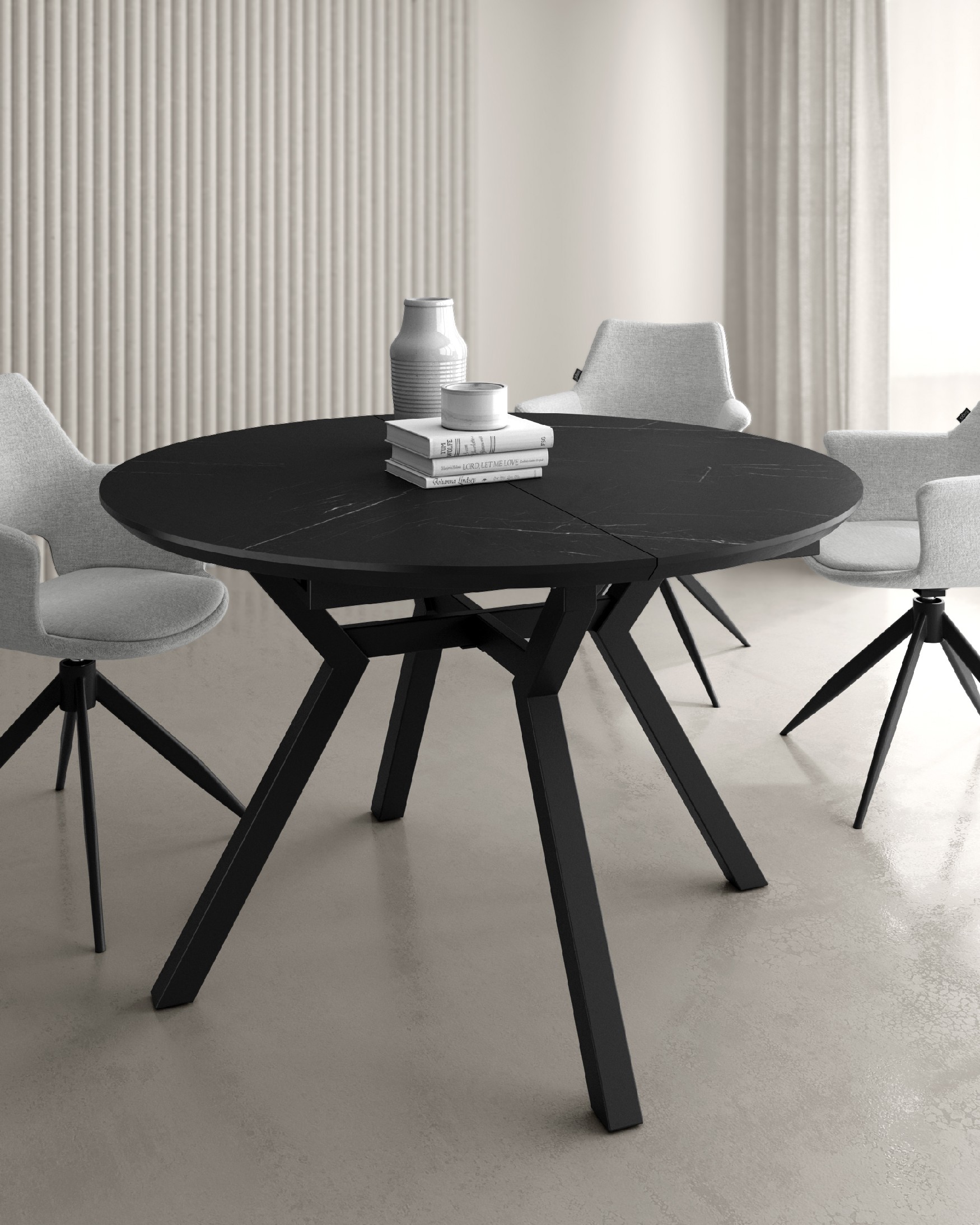 Table Cantabrico ronde extensible avec finition MDF marquina et pied métallique noir Ø 100(130) x 100 cm