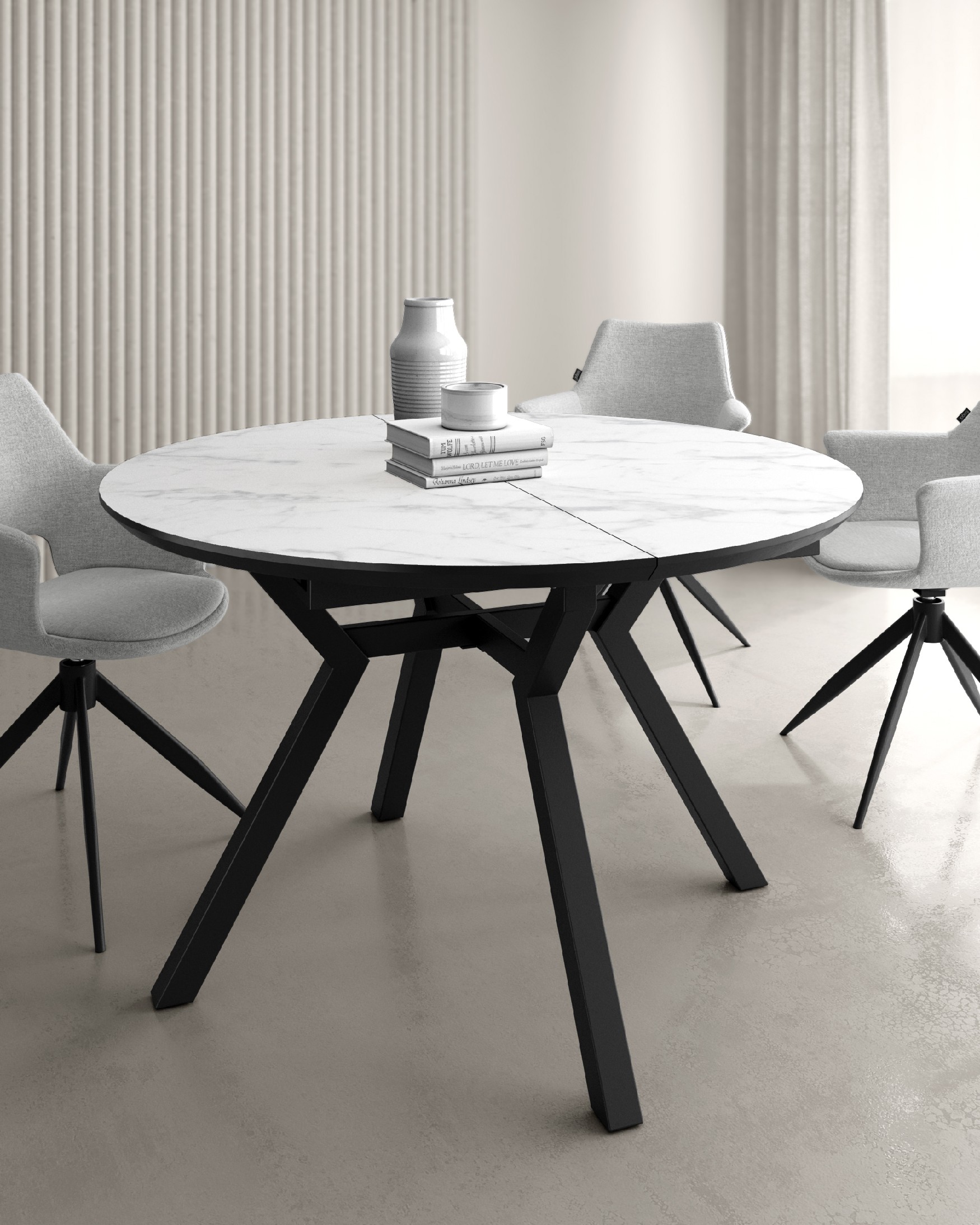 Mesa Cantábrico redonda extensible con acabado MDF carrara y pata metálica negra   Ø 120(160) x 120 cm
