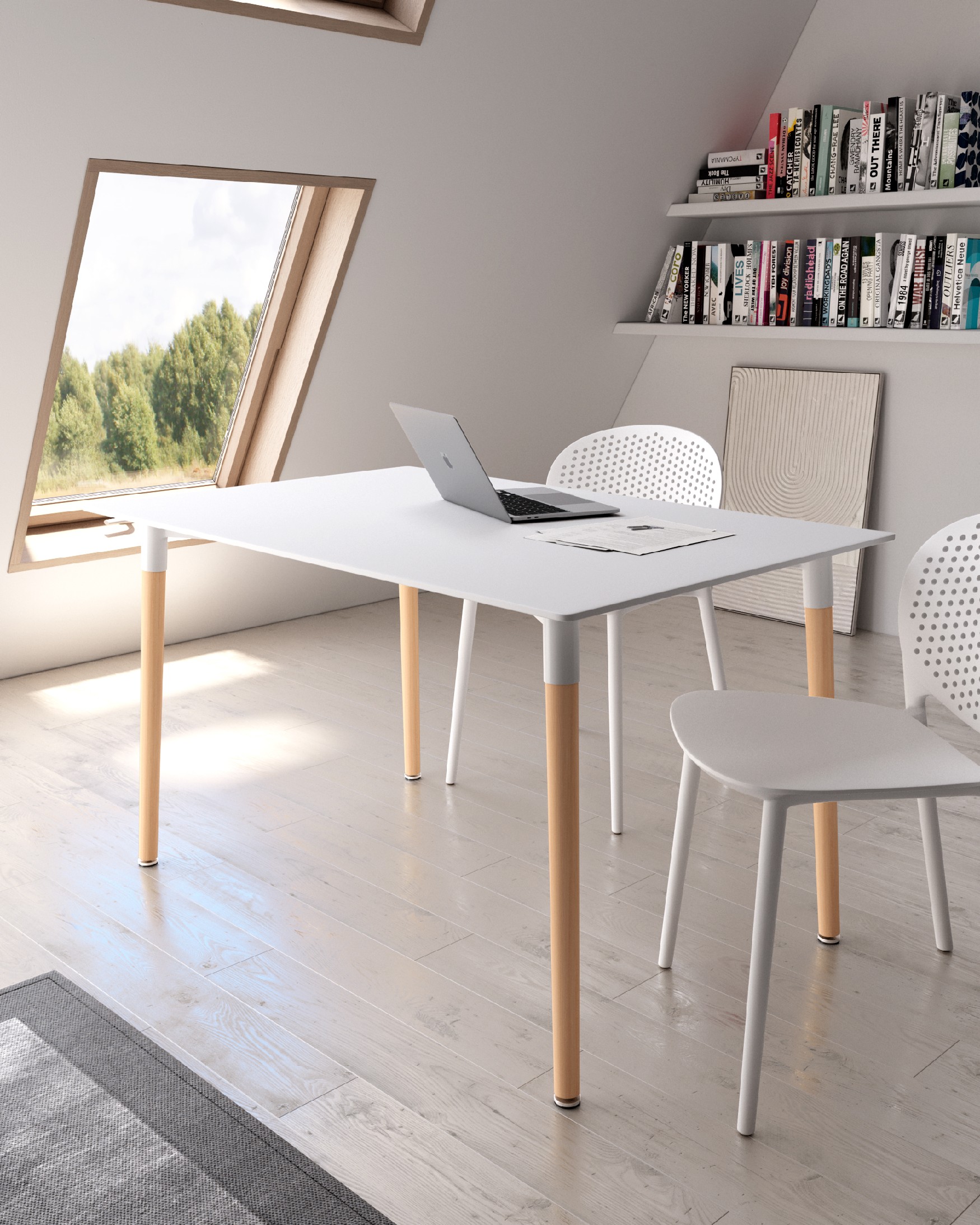 Caribbean table with a white lacquered MDF top and wooden legs 120 x 80 cm