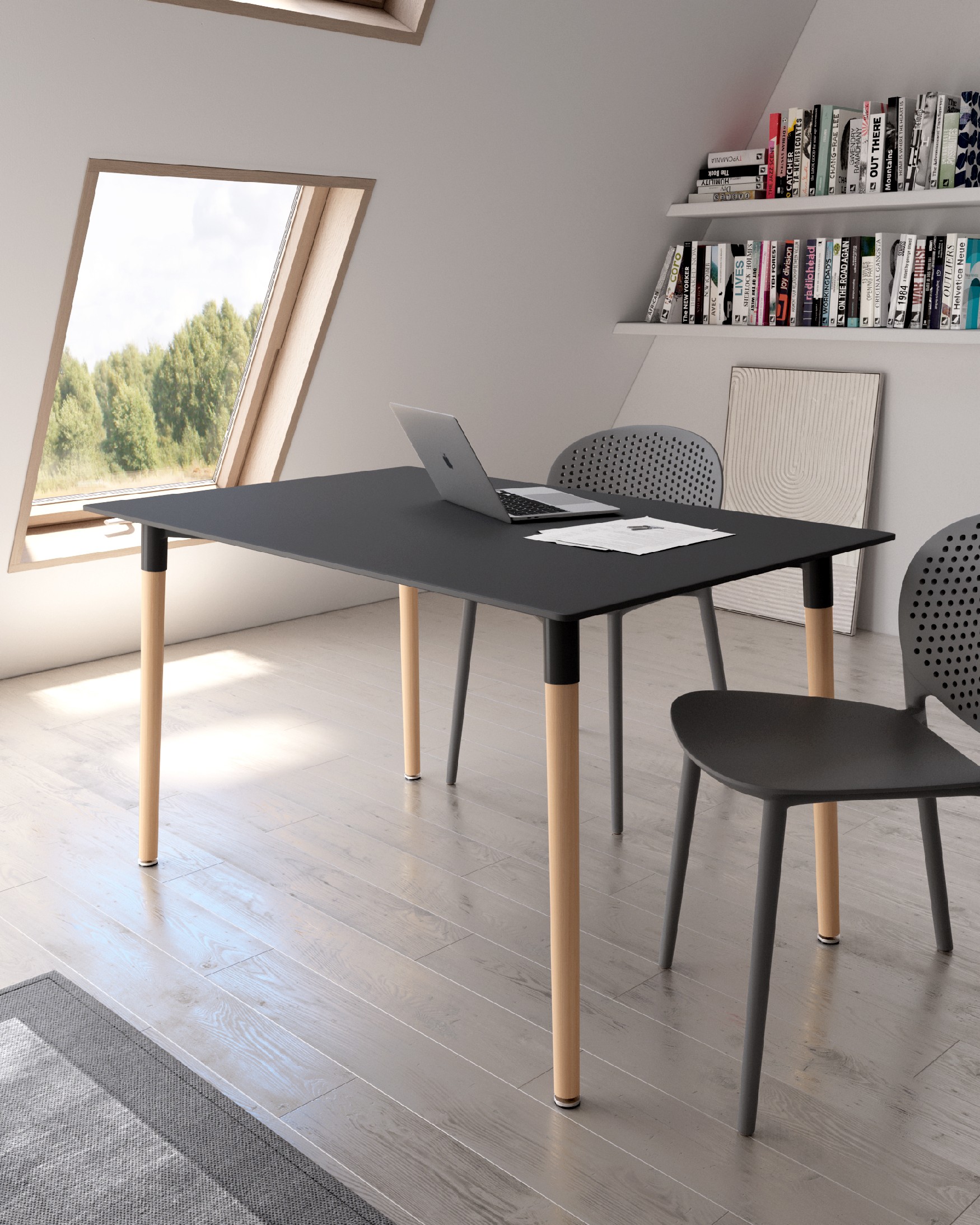 Caribbean table with a lacquered MDF top in graphite and wooden legs 160 x 90 cm