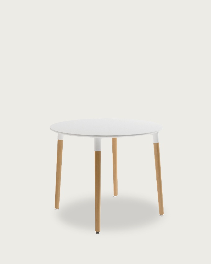 Table ronde Caribe avec plateau en MDF laqué blanc et pieds en bois Ø 90 cm