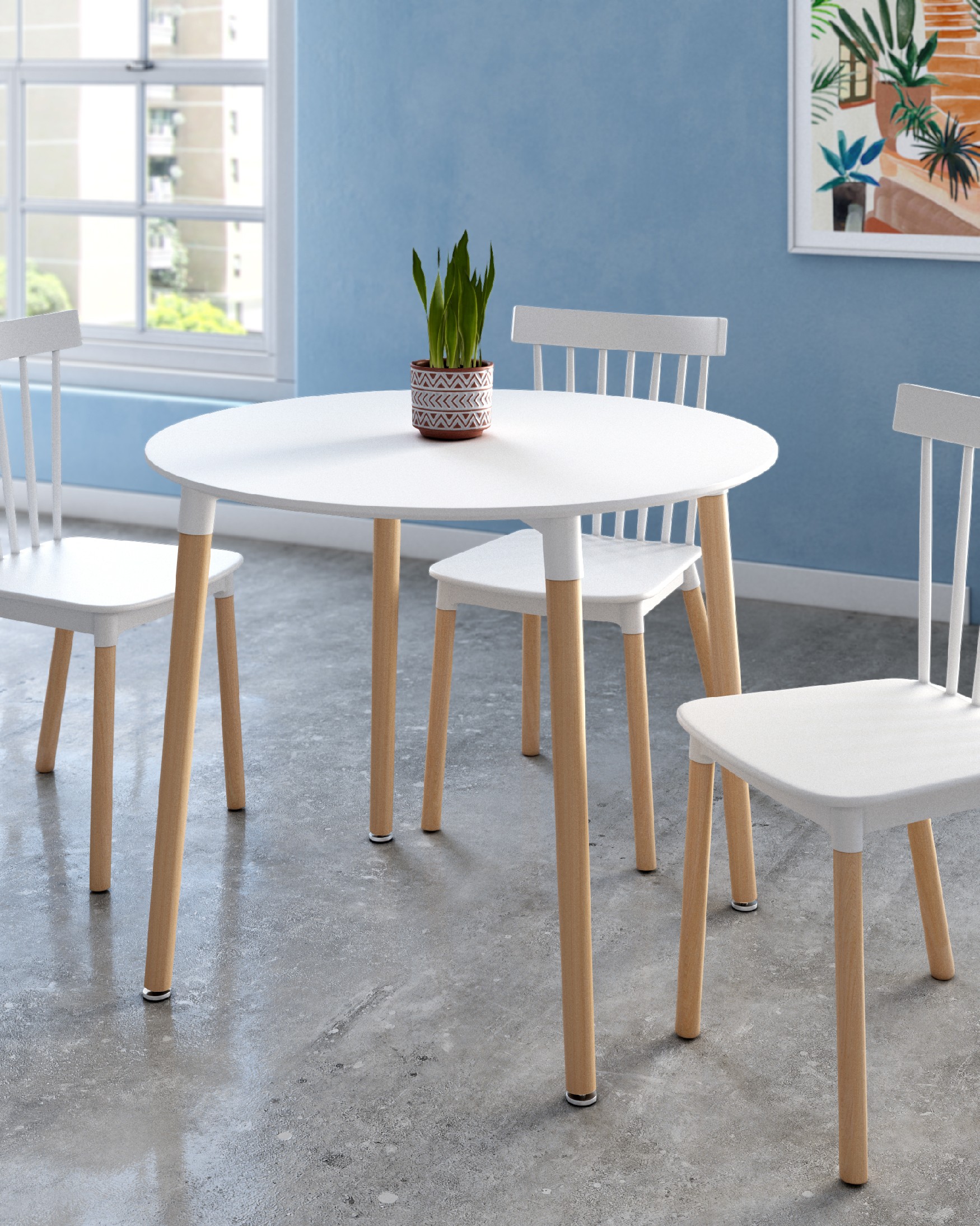 Mesa Caribe redonda con sobre de MDF lacado en blanco y patas de madera Ø 90 cm