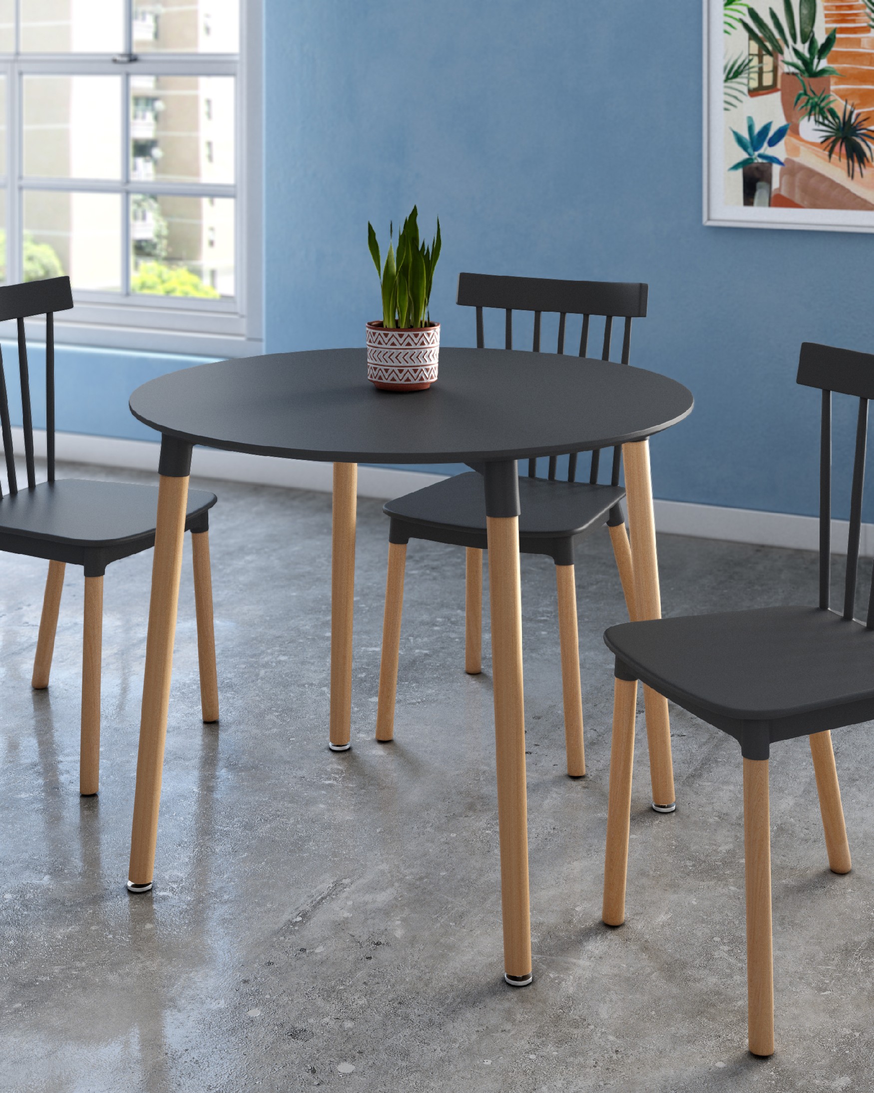Caribbean round table with a graphite lacquered MDF top and wooden legs Ø 90 cm