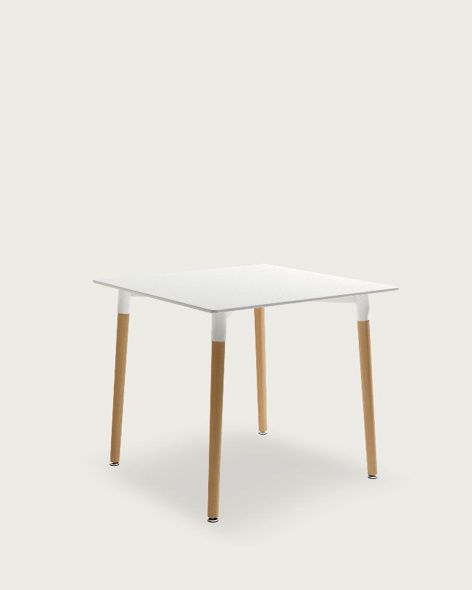 Caribbean table with white lacquered MDF top and wooden legs 80 x 80 cm