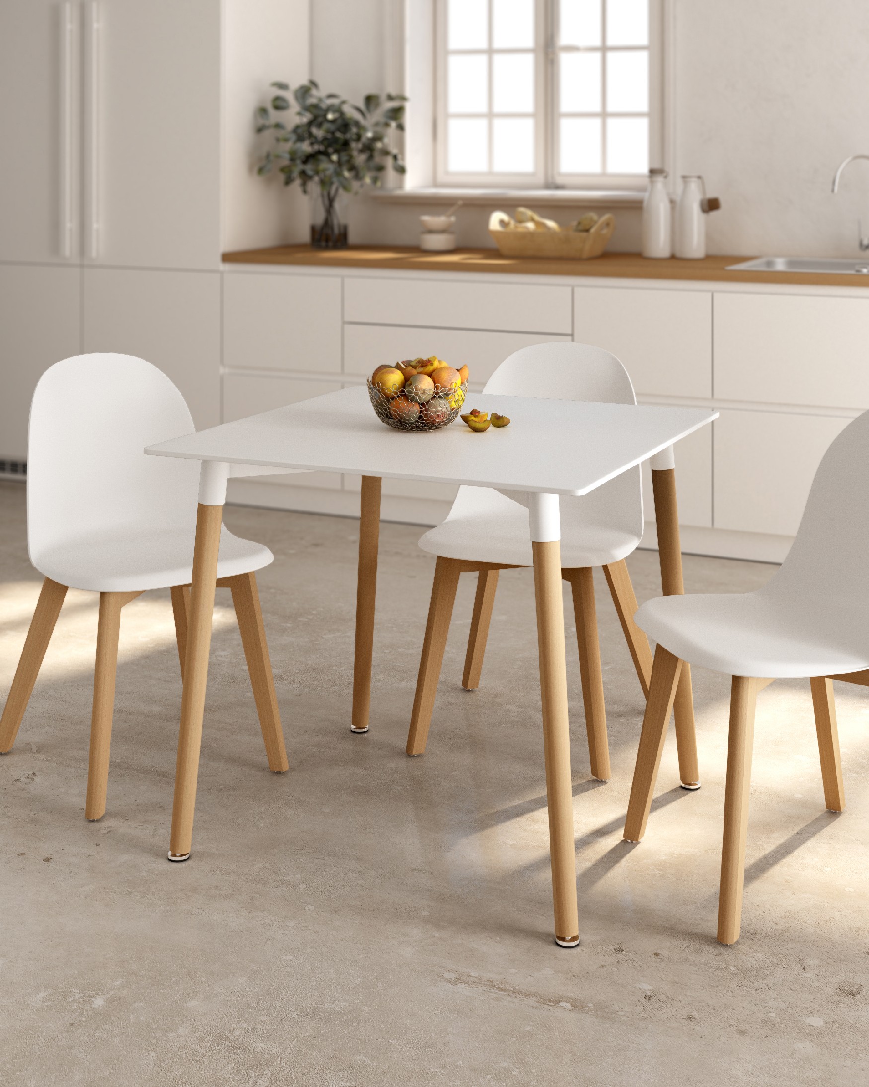 Mesa Caribe con sobre de MDF lacado en blanco y patas de madera 80 x 80 cm