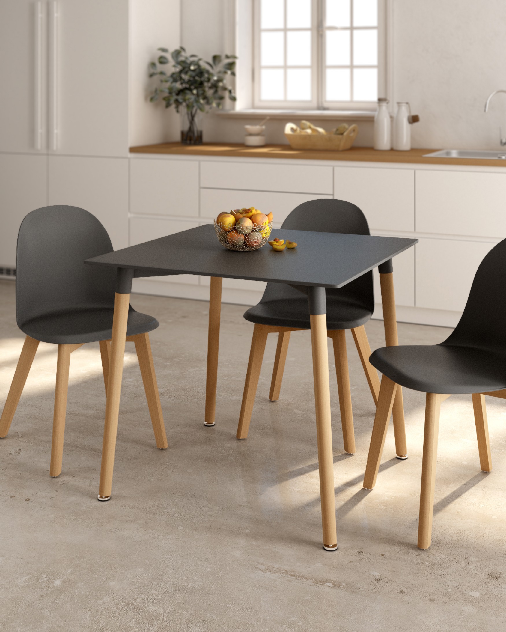 Caribbean table with a graphite lacquered MDF top and wooden legs 80 x 80 cm