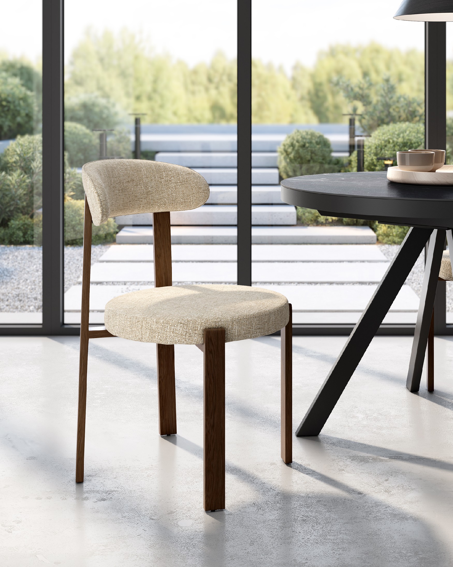 Casper chair with champagne upholstery and metal structure with wood finish