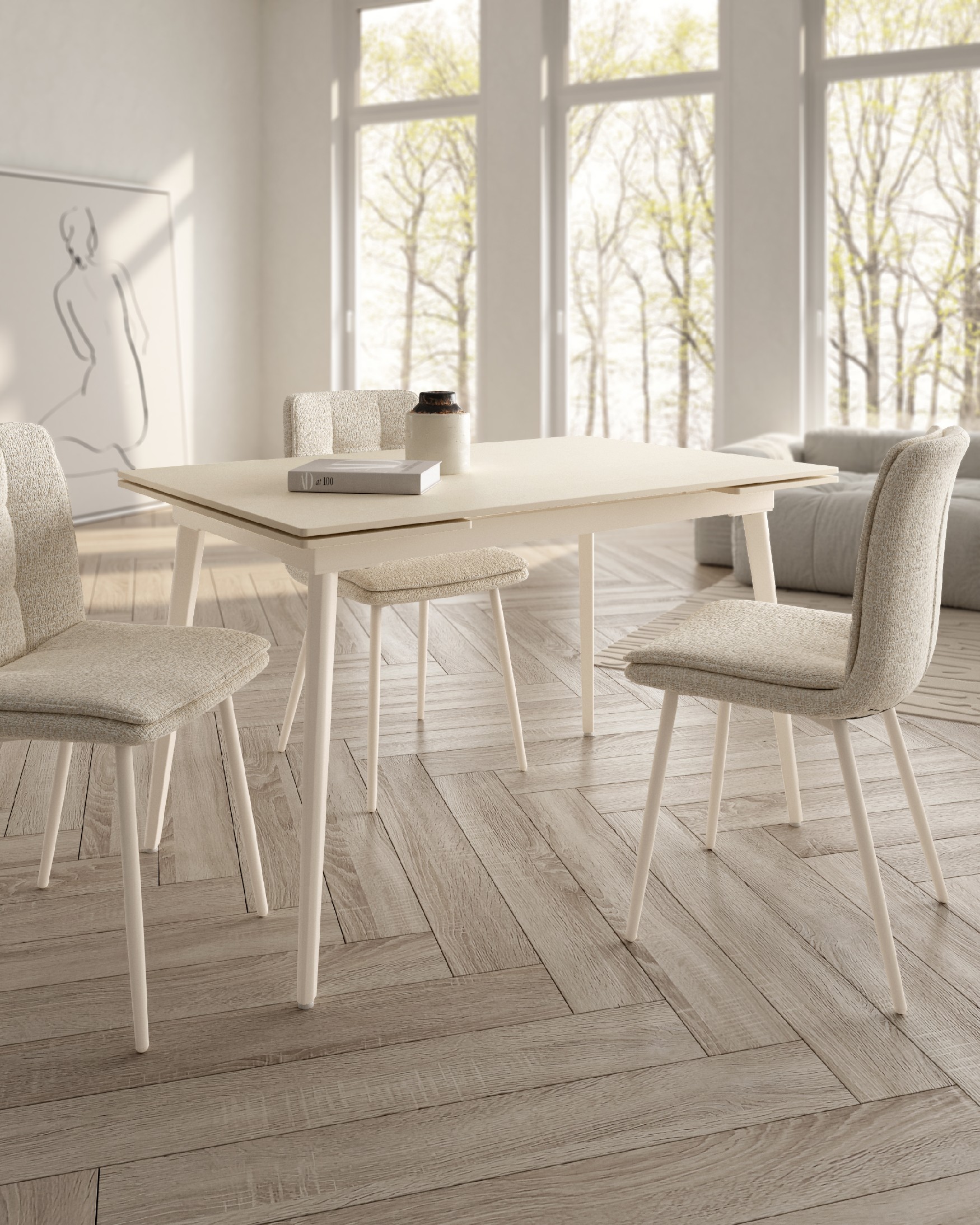 Extensible Celeb table with sand porcelain top and ivory metal leg 120(180) x 80 cm