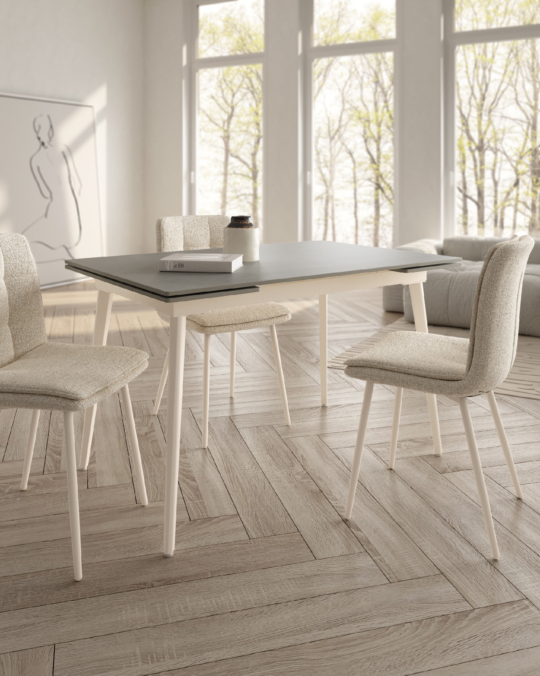 Extendable Celeb table with porcelain top and ivory metal leg 120(180) x 80 cm