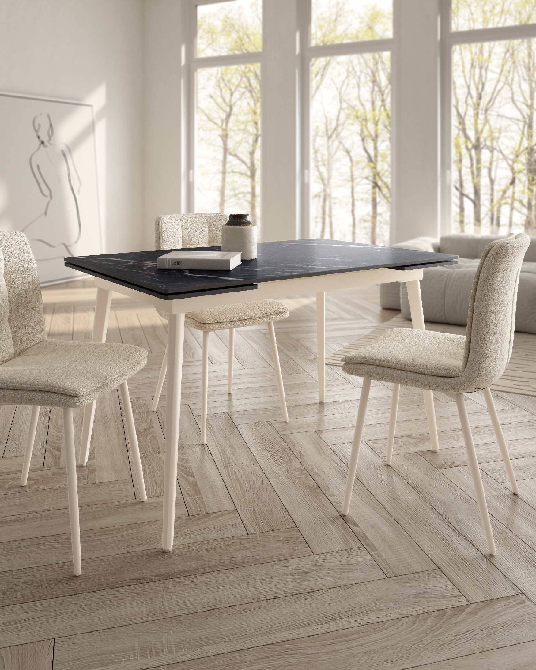 Table extensible Celeb avec plateau en porcelaine marquina et pied métallique ivoire 120(180) x 80 cm