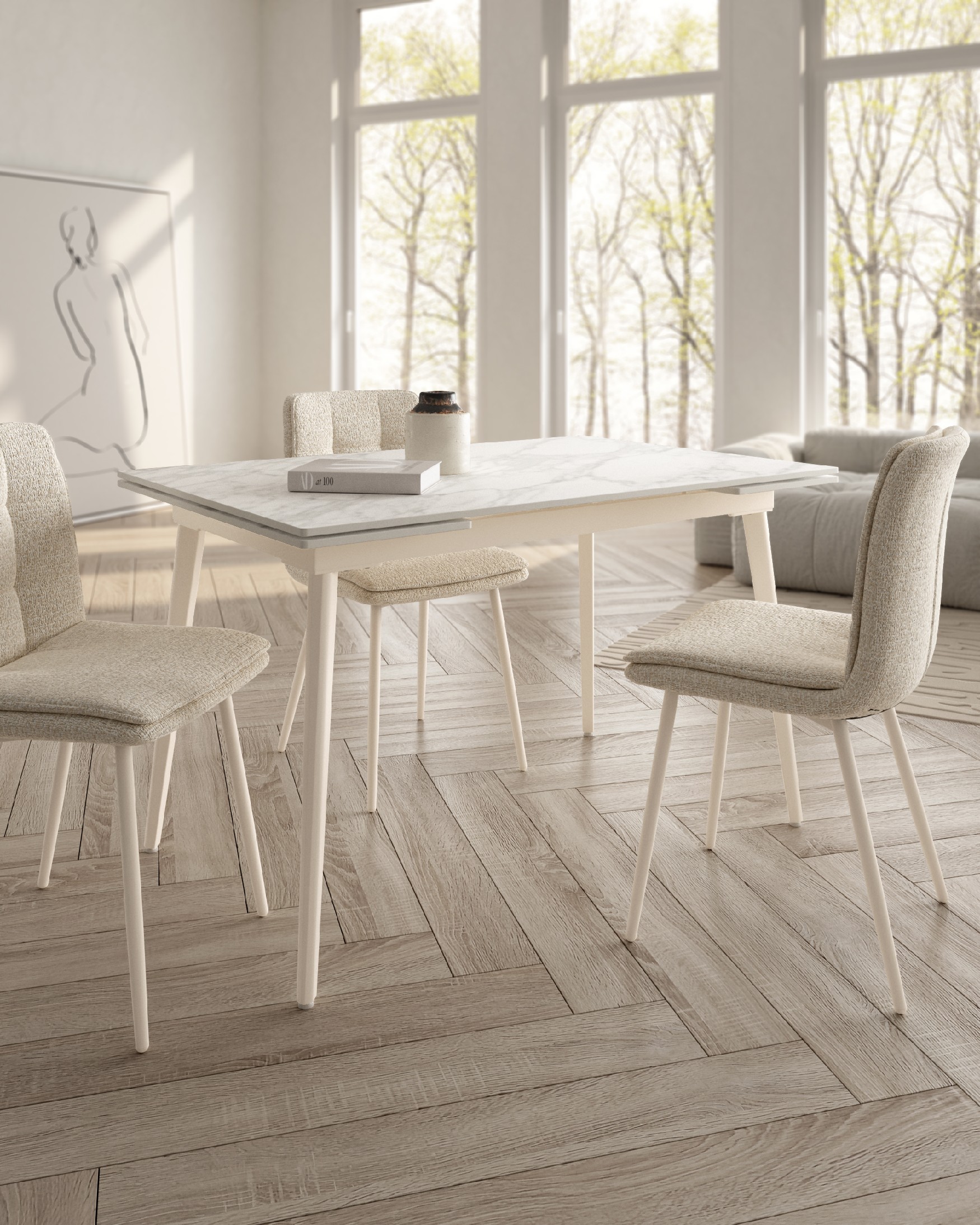 Mesa Celeb extensible con sobre de porcelánico carrara y pata metálica marfil 120(180) x 80 cm