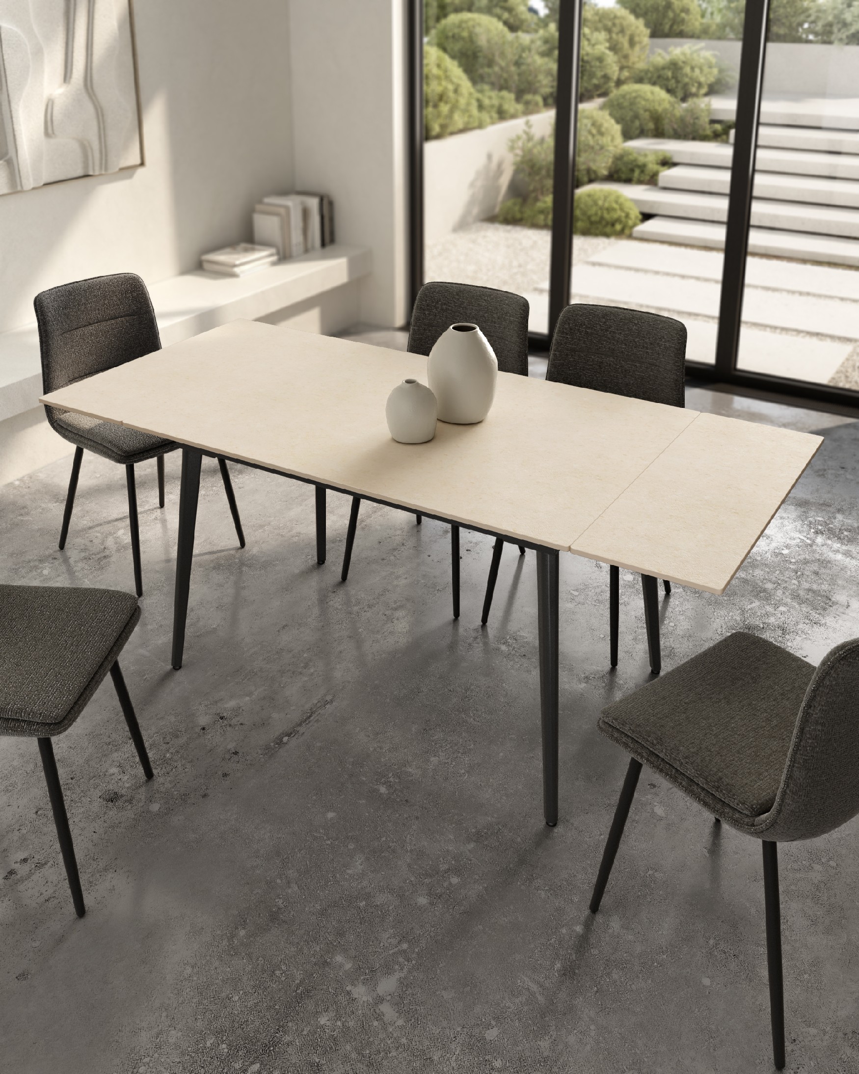 Mesa Celeb extensible con sobre de porcelánico arena y pata metálica negra 120(180) x 80 cm