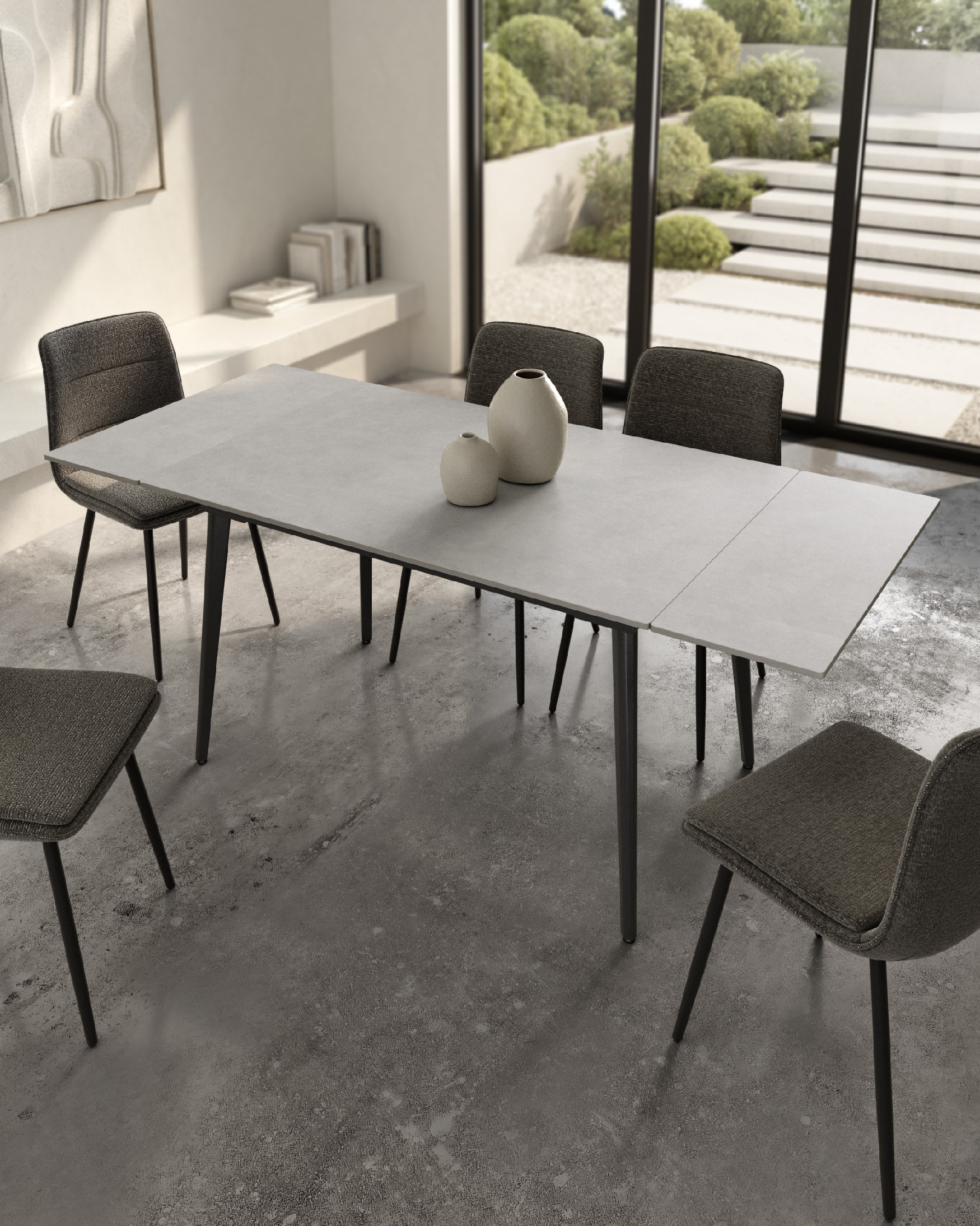 Mesa Celeb extensible con sobre de porcelánico porland y pata metálica negra 120(180) x 80 cm