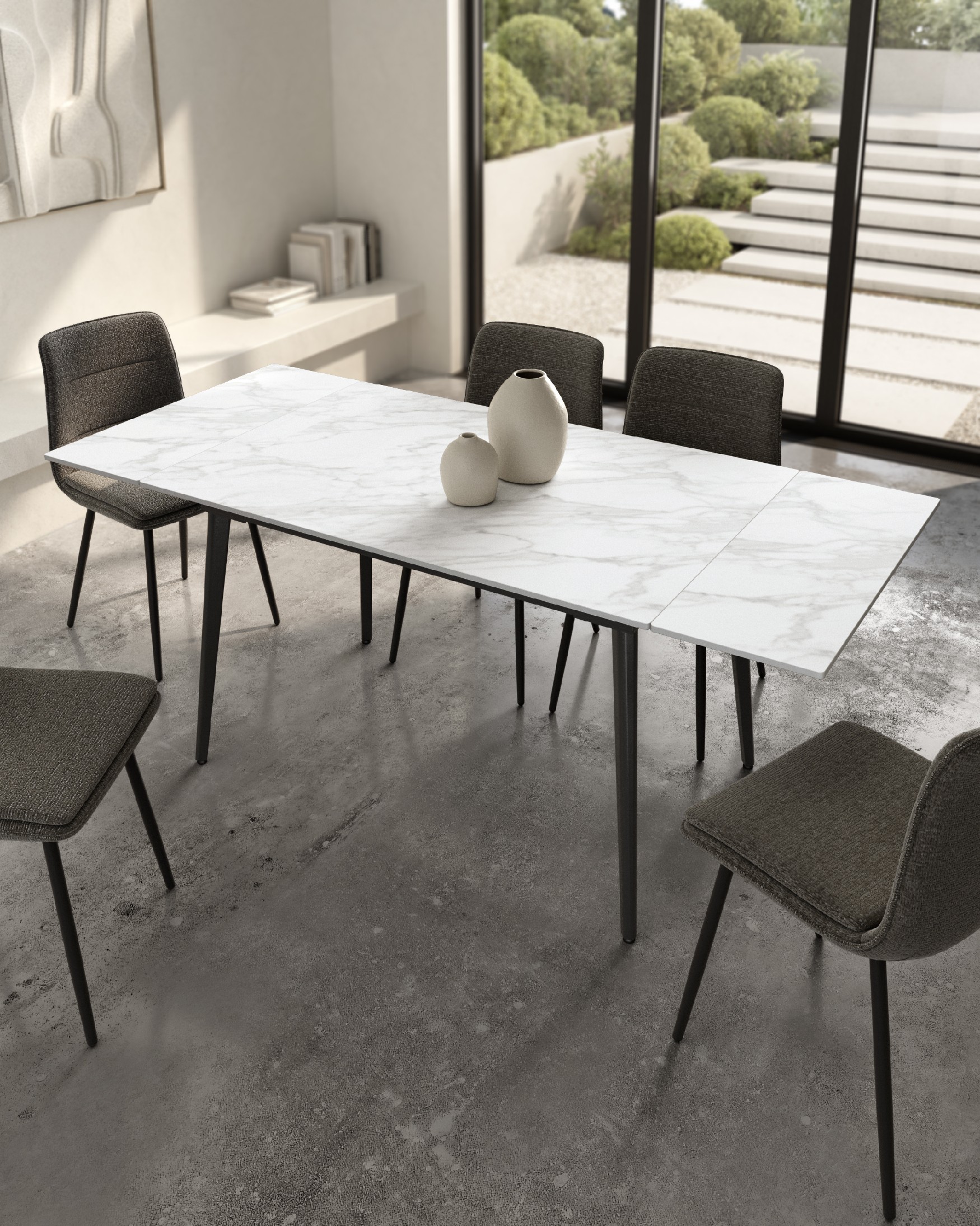 Mesa Celeb extensible con sobre de porcelánico carrara y pata metálica negra 120(180) x 80 cm