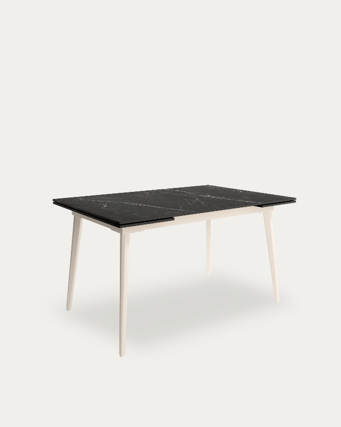 Extensible Celeb table with marquina porcelain top and ivory metal leg 140(200) x 90 cm
