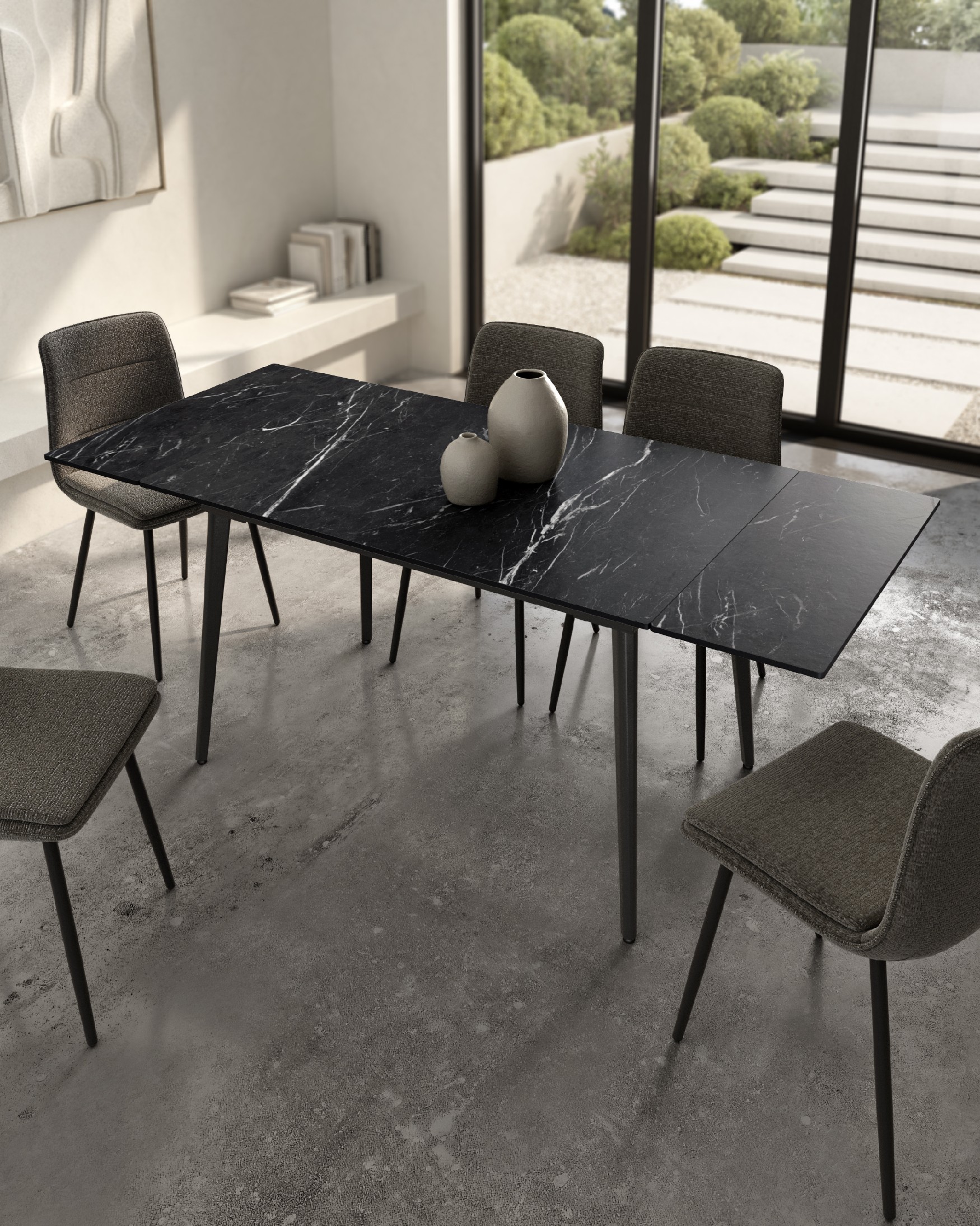 Table extensible Celeb avec plateau en porcelaine marquina et pied métallique noir 140(200) x 90 cm