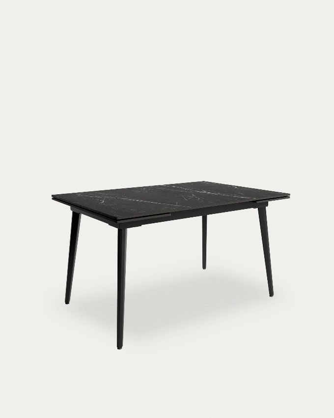 Mesa Celeb extensible con sobre de porcelánico marquina y pata metálica negra 140(200) x 90 cm