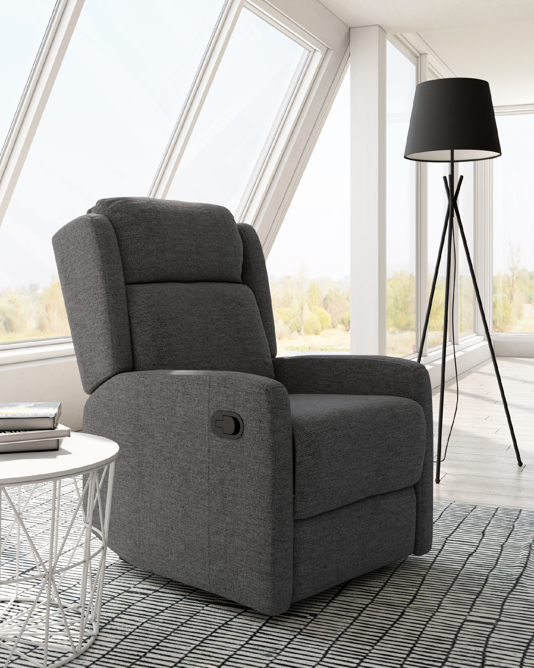 Manual recliner chair Celia with slate upholstery and black metal legs
