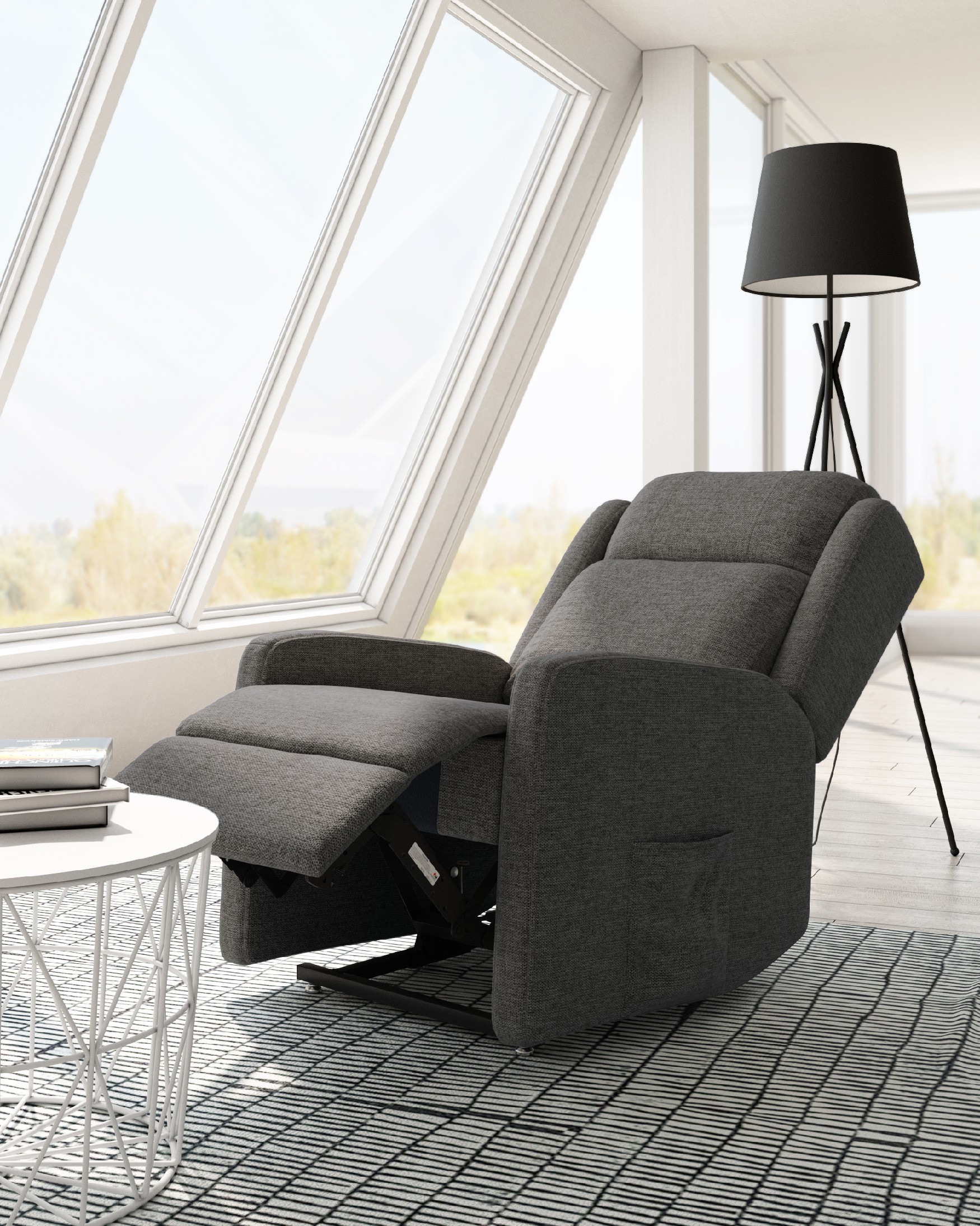 Manual recliner chair Celia with slate upholstery and black metal legs