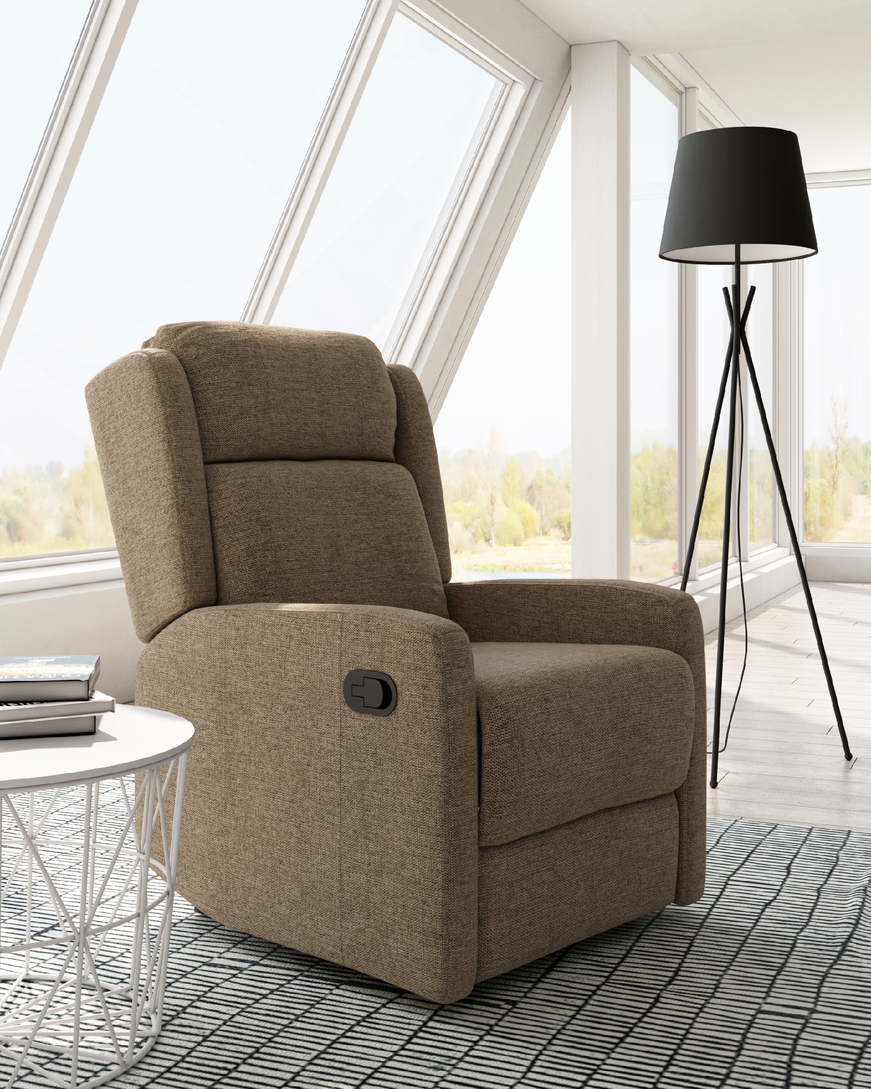 Manual recliner chair Celia with earth upholstery and black metal legs