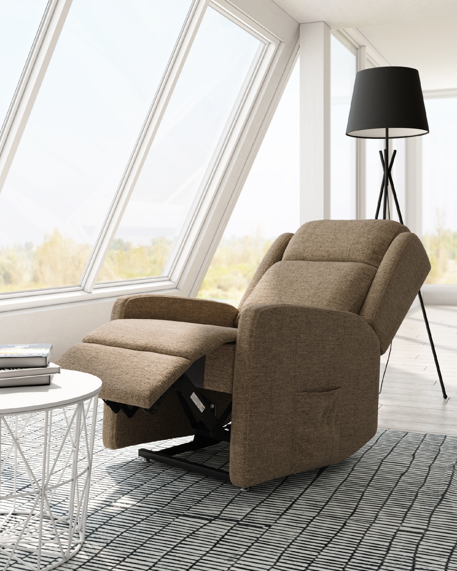 Manual recliner chair Celia with earth upholstery and black metal legs