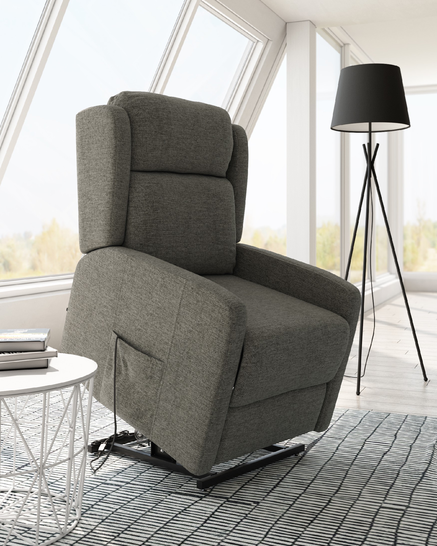 Electric recliner chair Celia with gray upholstery and black metal leg