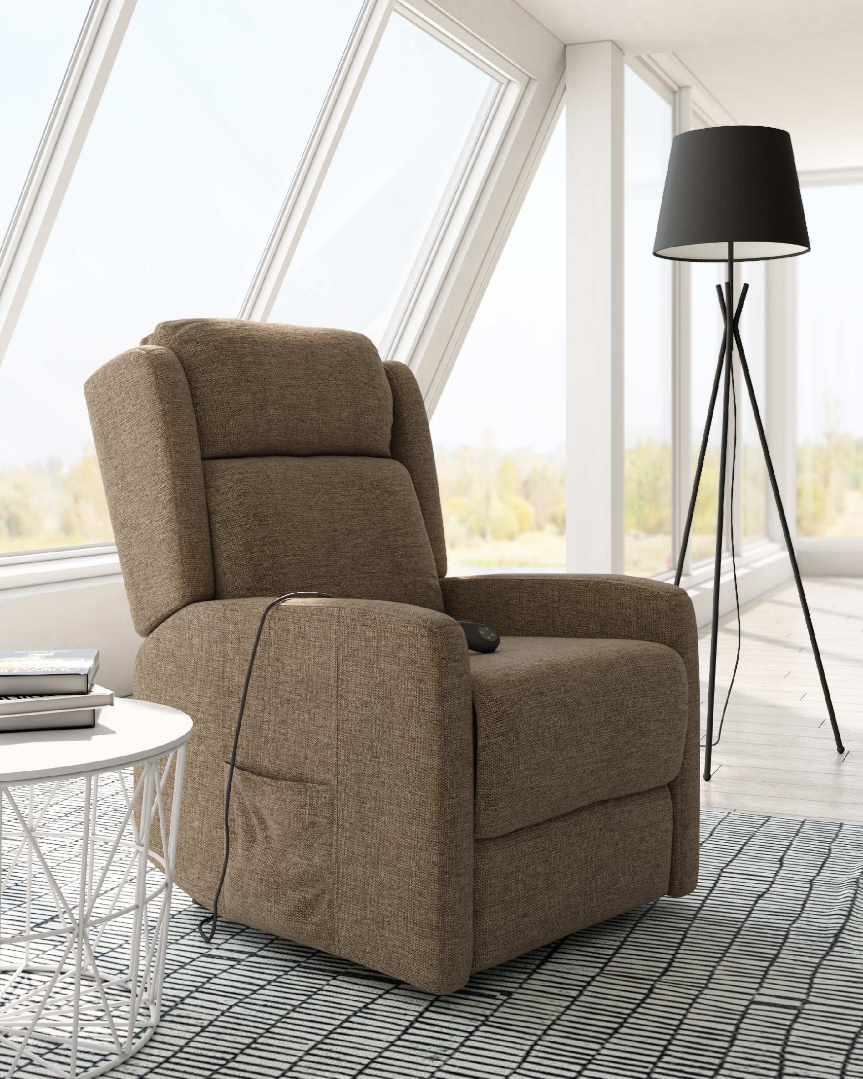 Power lift recliner chair with 2 motors Celia with earth upholstery and black metal leg