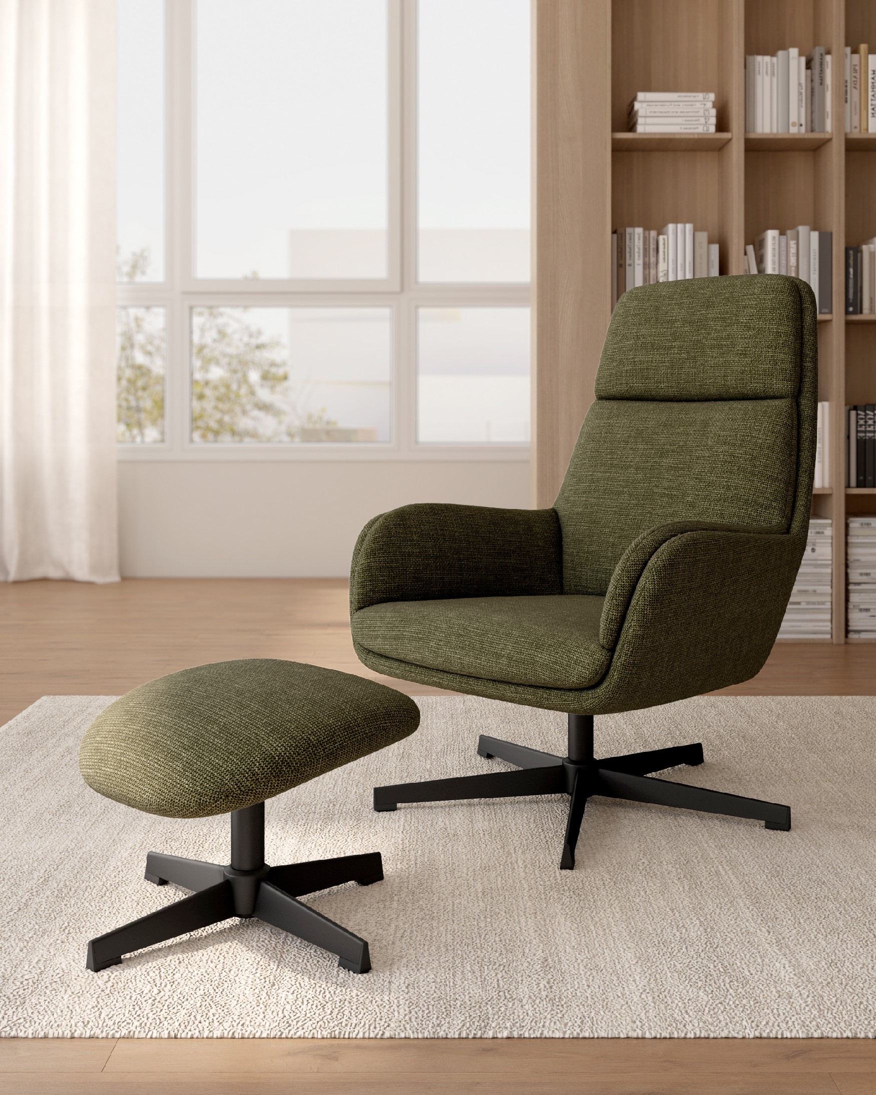 Fauteuil pivotant Citrea avec structure noire et tapisserie verte