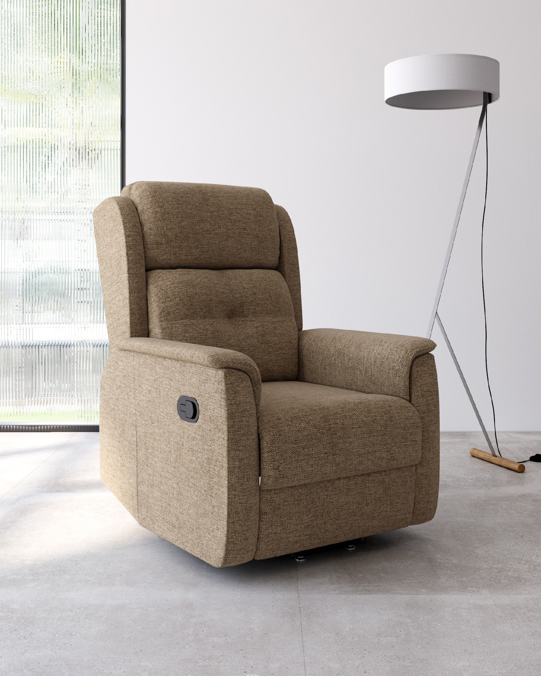 Manual recliner chair Cloe with earth upholstery and black metal legs