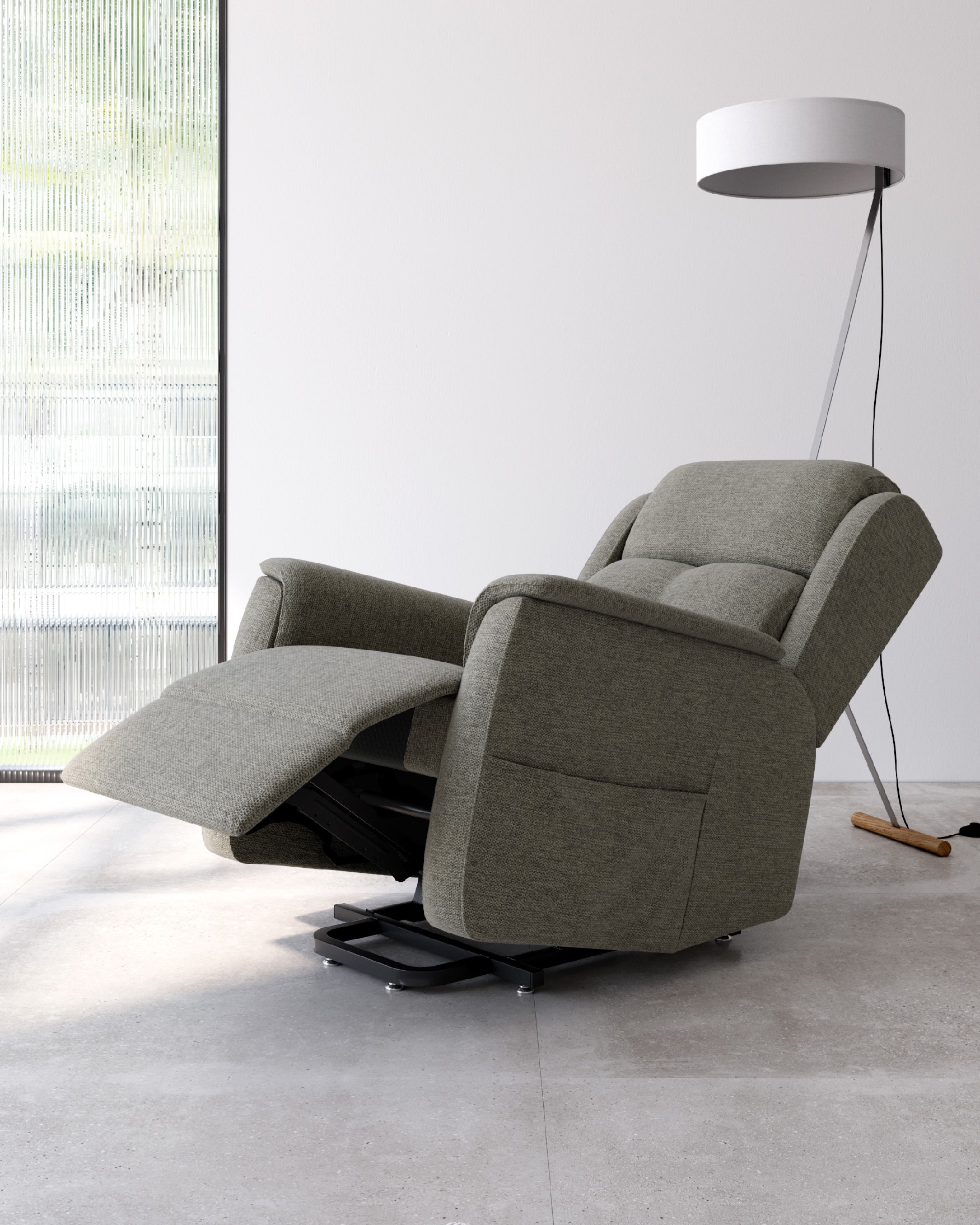 Manual recliner chair Cloe with earth upholstery and black metal legs