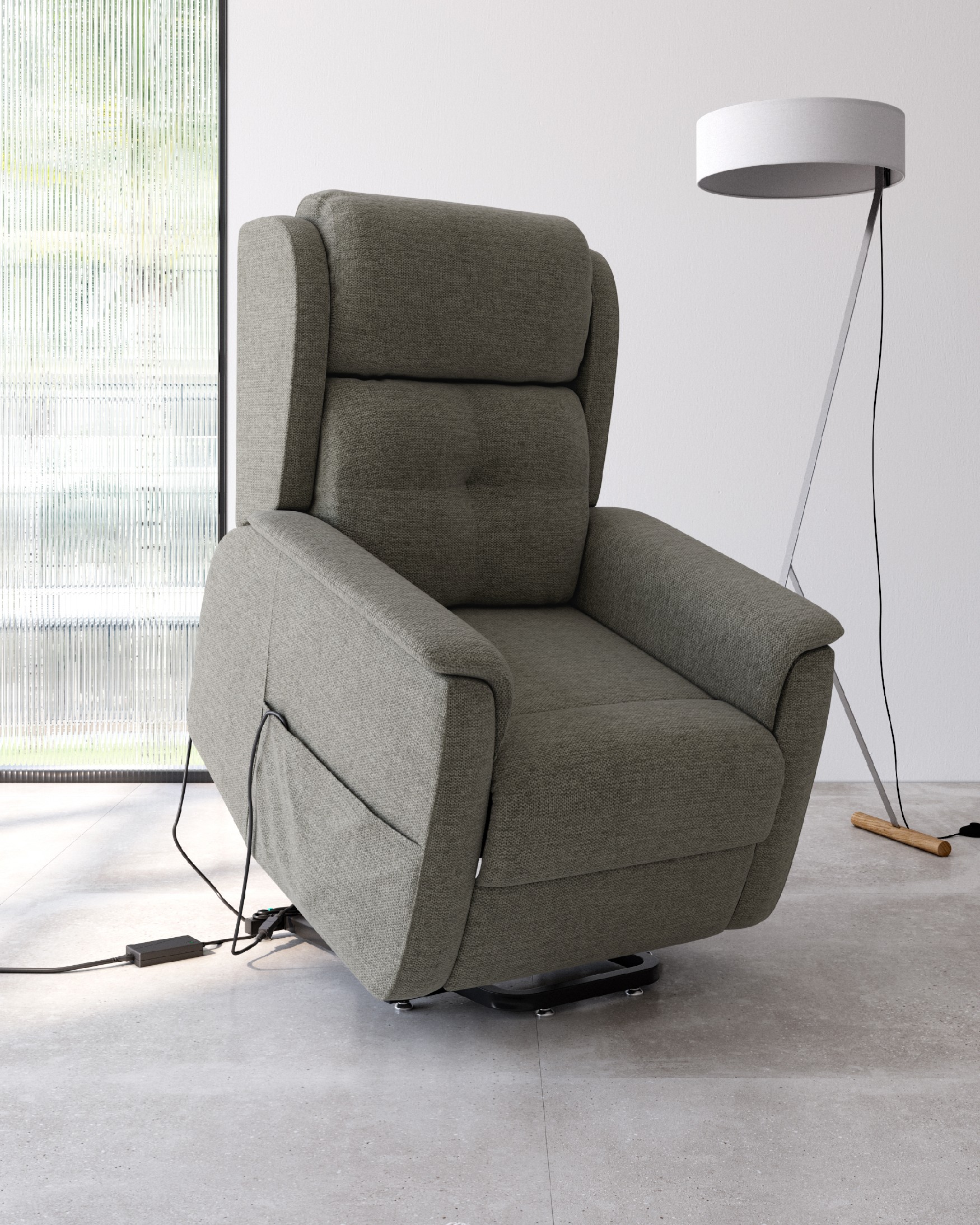 Electric power lift recliner chair Cloe with gray upholstery and black metal legs