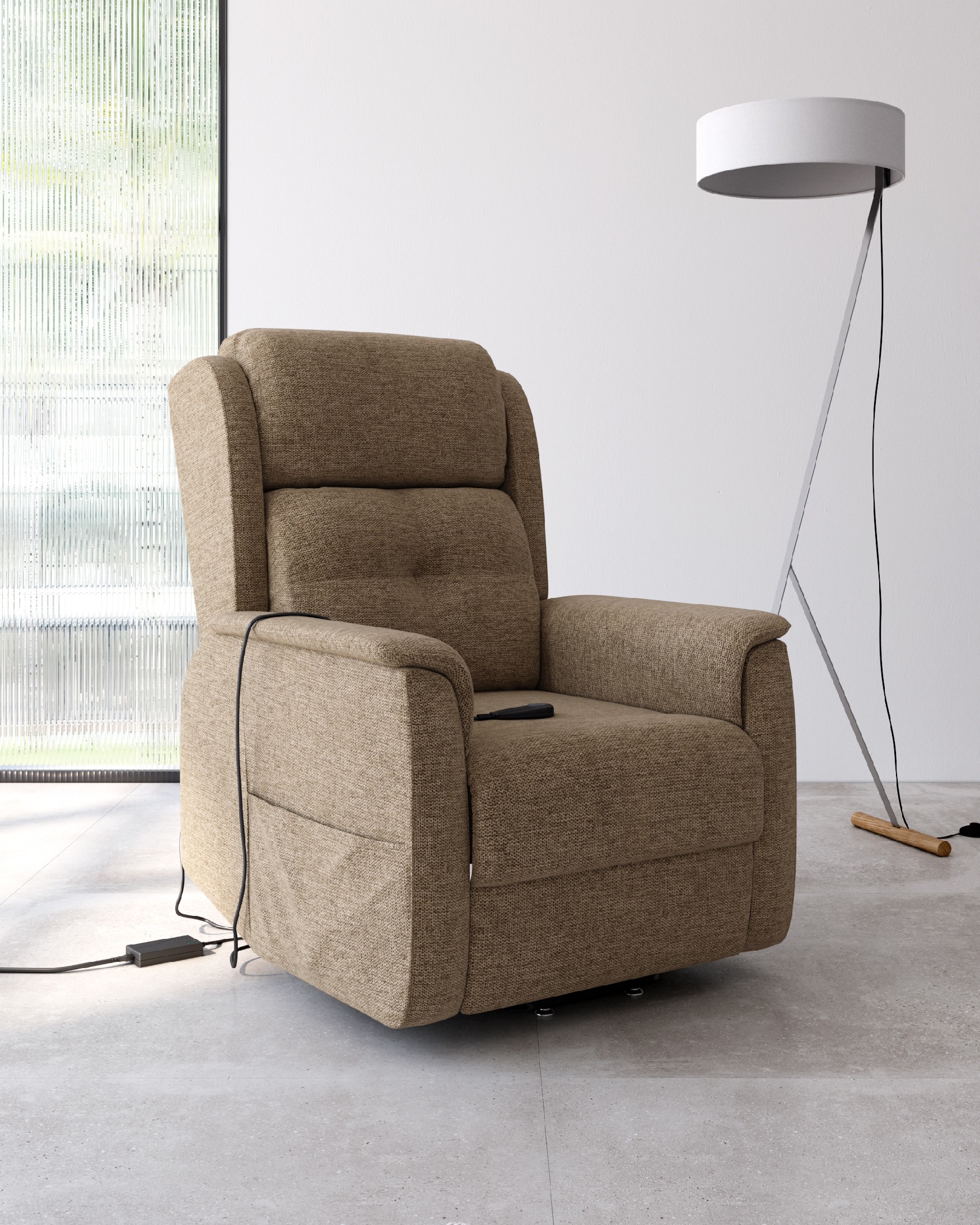Electric power lift recliner chair Cloe with earth upholstery and black metal legs
