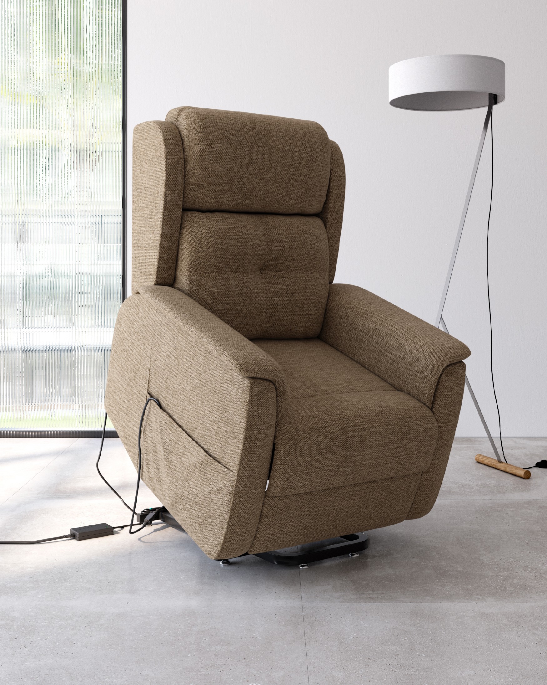 Electric power lift recliner chair Cloe with earth upholstery and black metal legs