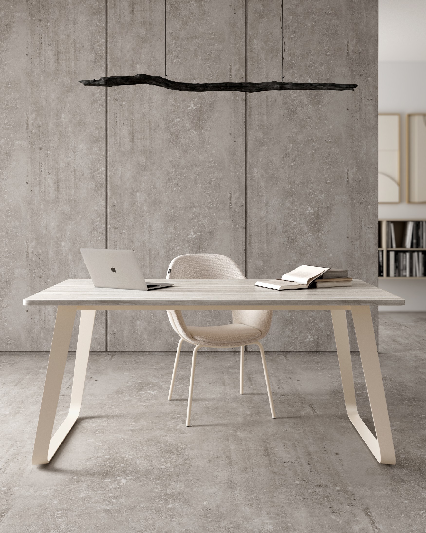 Mesa Como con sobre de melamina artic y pata metálica marfil 140 x 90 cm