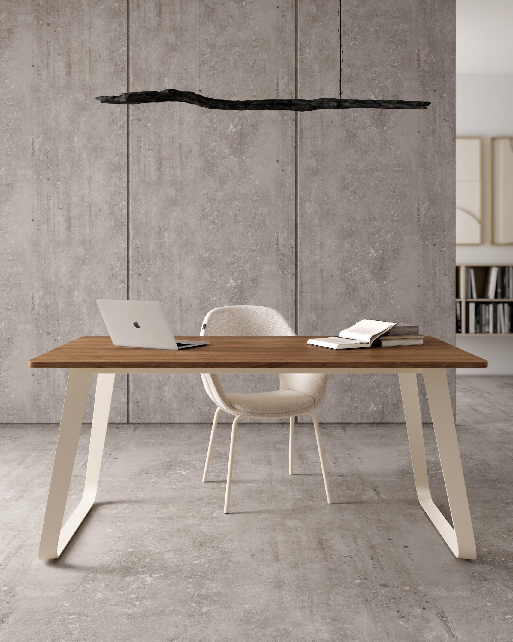Table comme avec plateau en mélamine java et pied métallique ivoire 180 x 90 cm